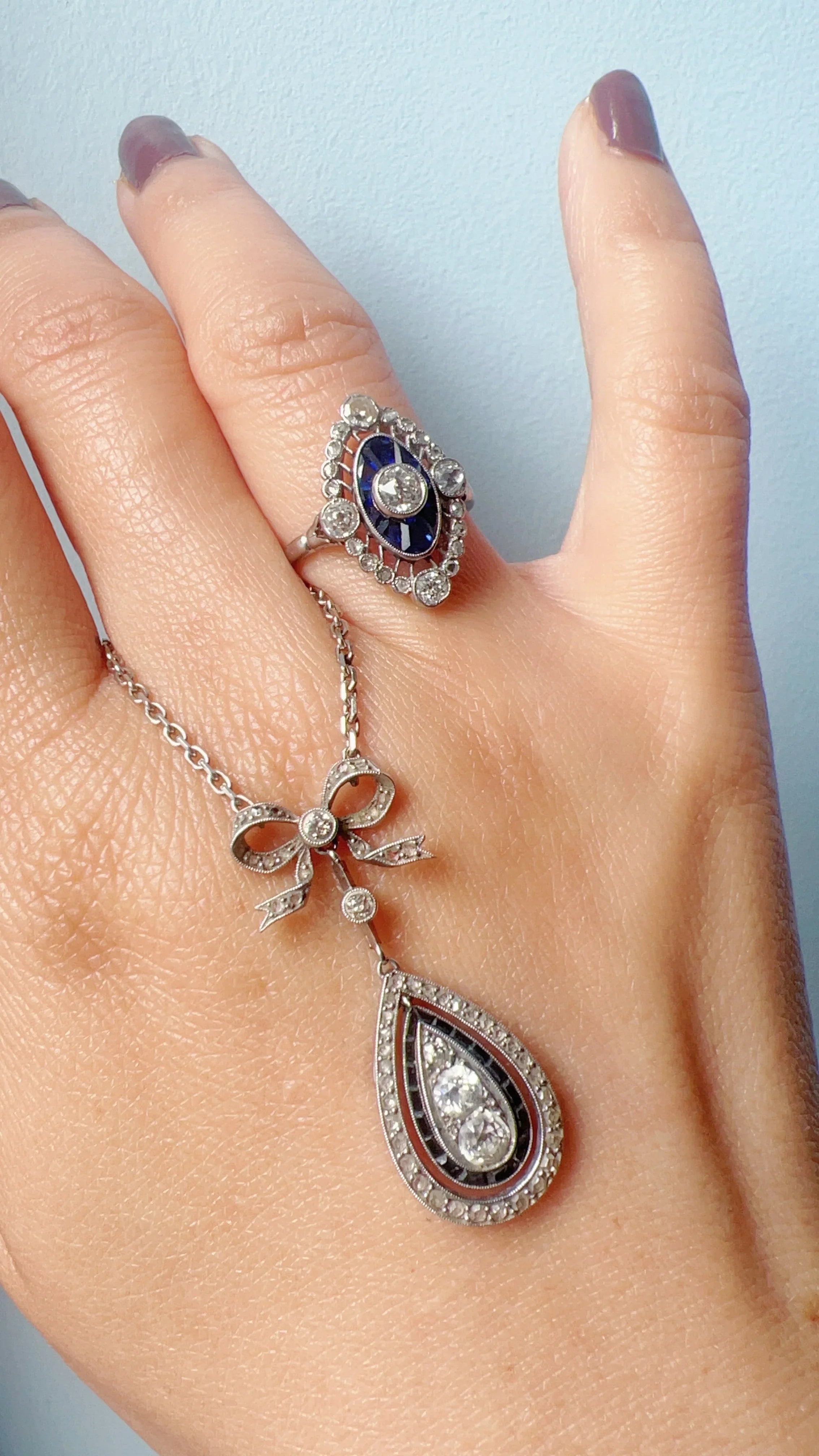 Edwardian 18K White Gold Platinum Diamond Sapphire Bow Necklace