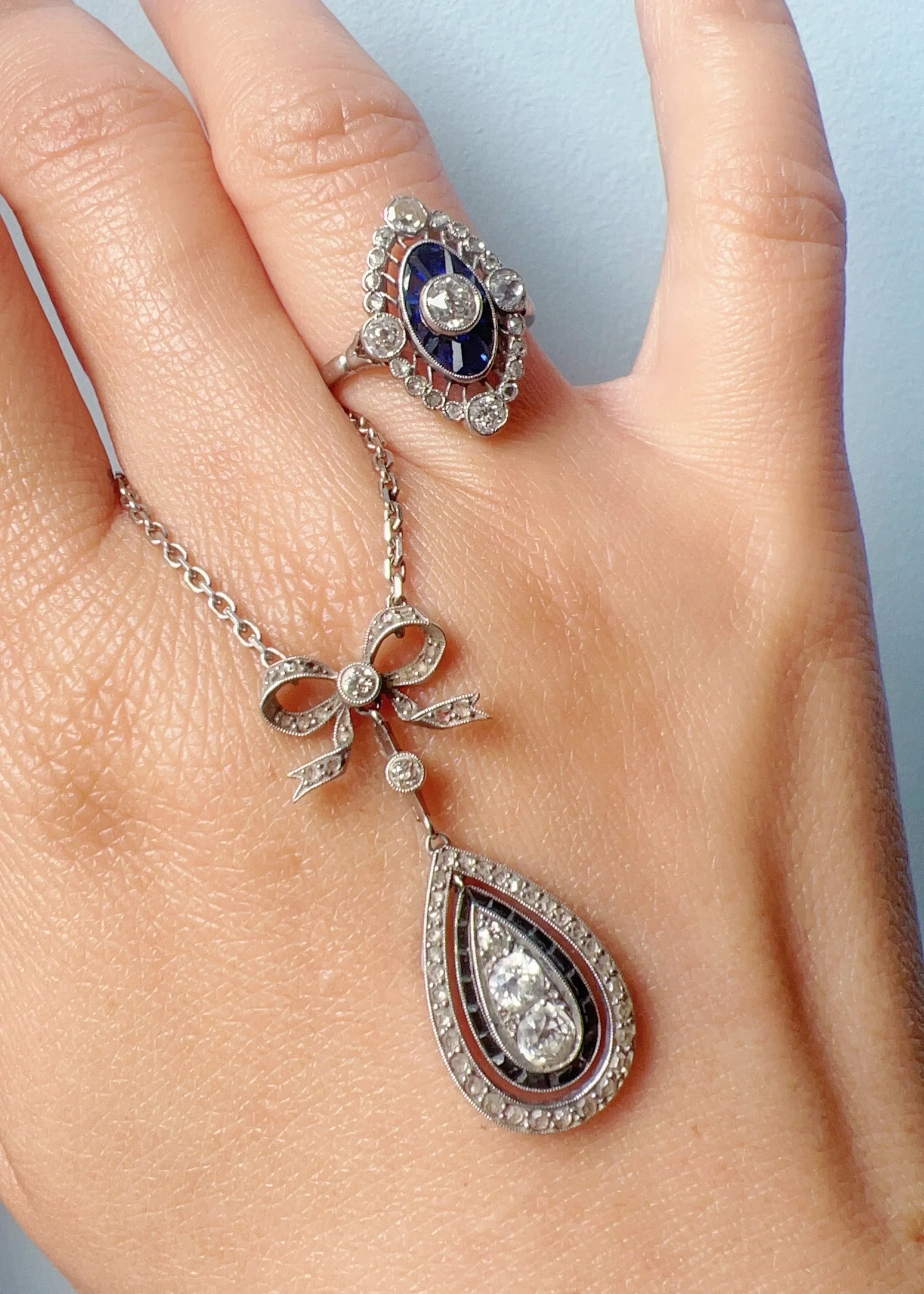 French Edwardian 18K White Gold Platinum Diamond & Sapphire Ring and necklace