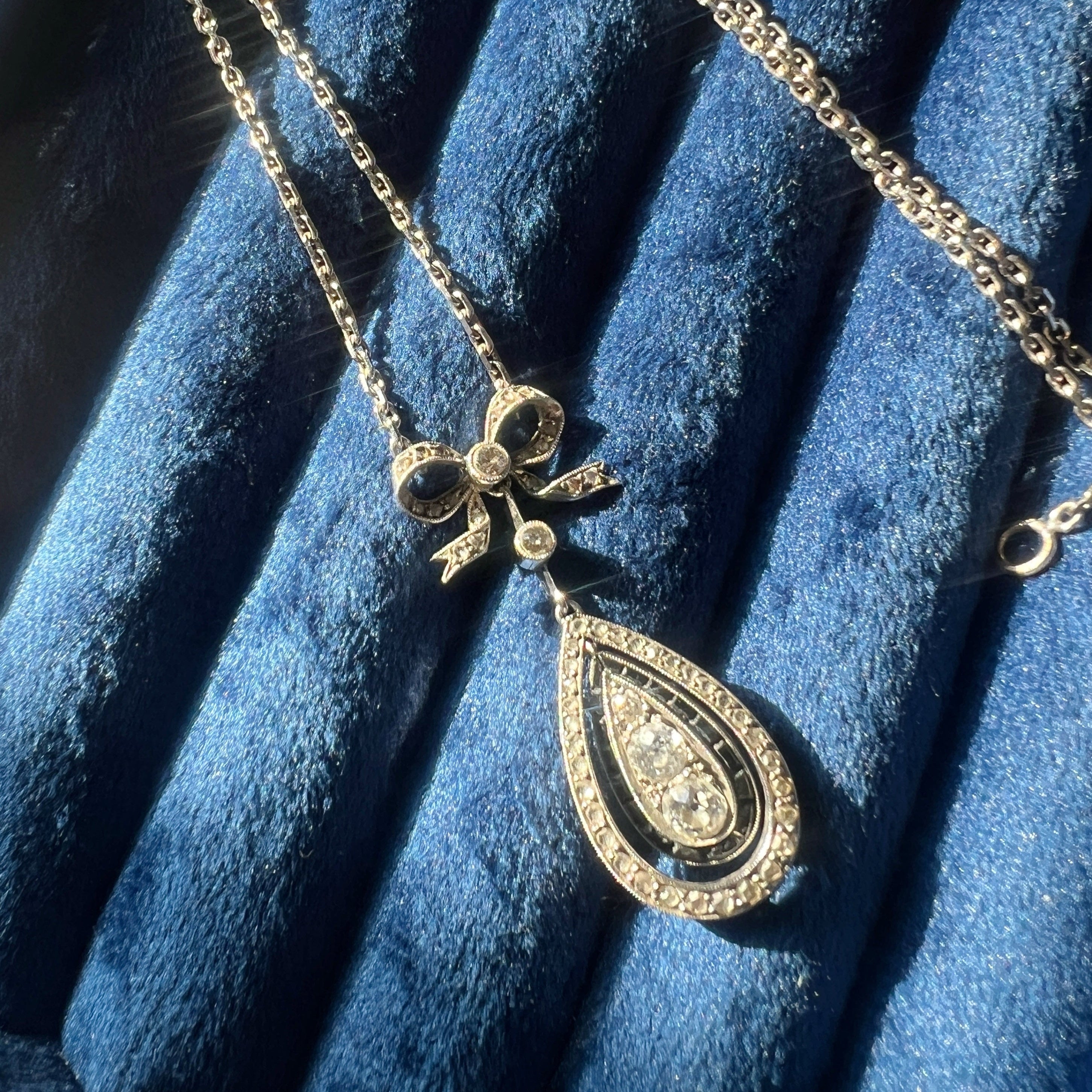 Edwardian Era French 18K White Gold & Platinum Diamond & Sapphire Bow Necklace