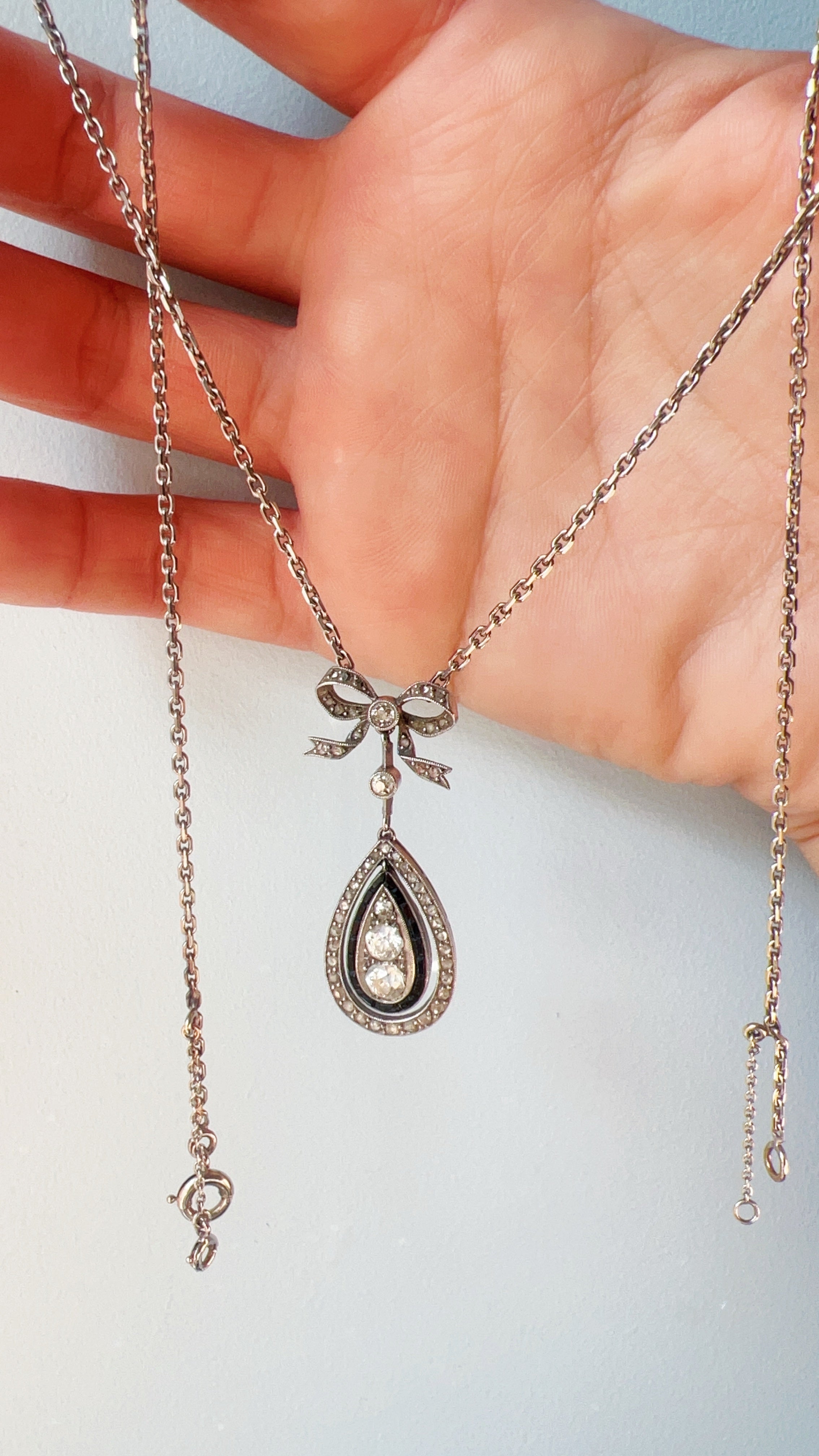 Edwardian 18K White Gold Platinum Diamond Sapphire Bow Necklace