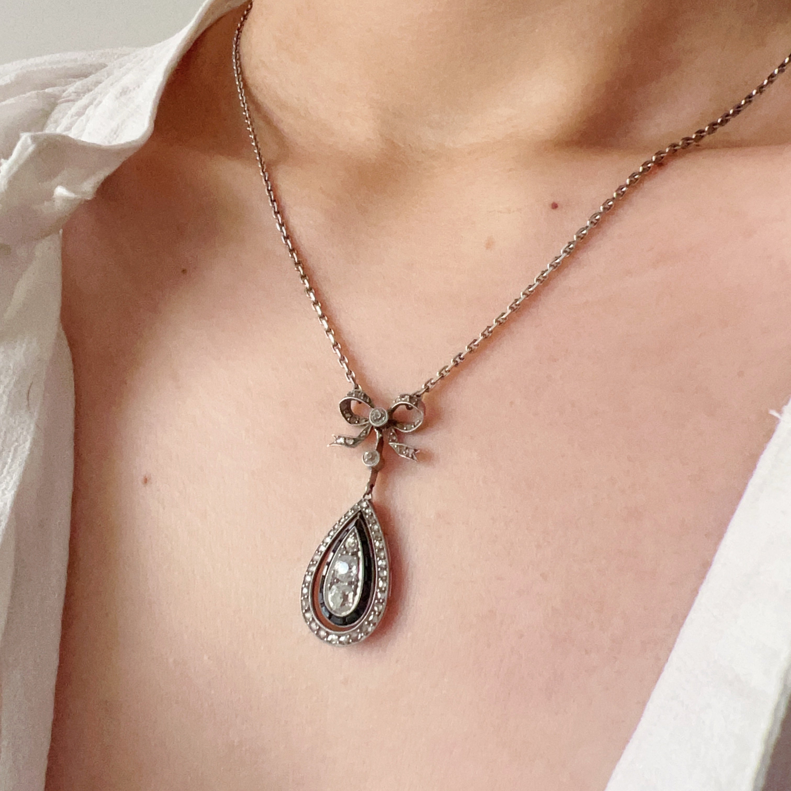Edwardian Era French 18K White Gold & Platinum Diamond & Sapphire Bow Necklace