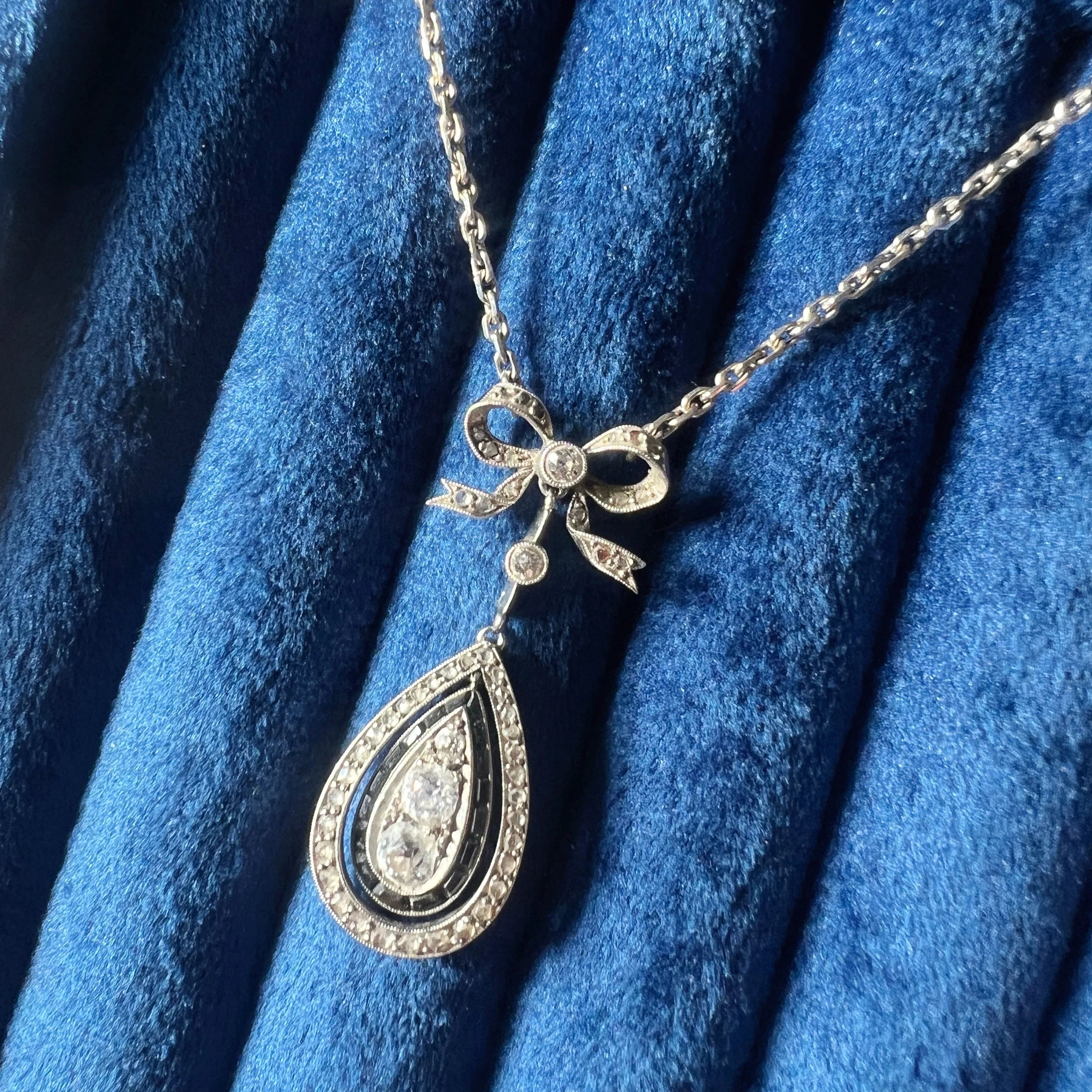 Edwardian Era French 18K White Gold & Platinum Diamond & Sapphire Bow Necklace