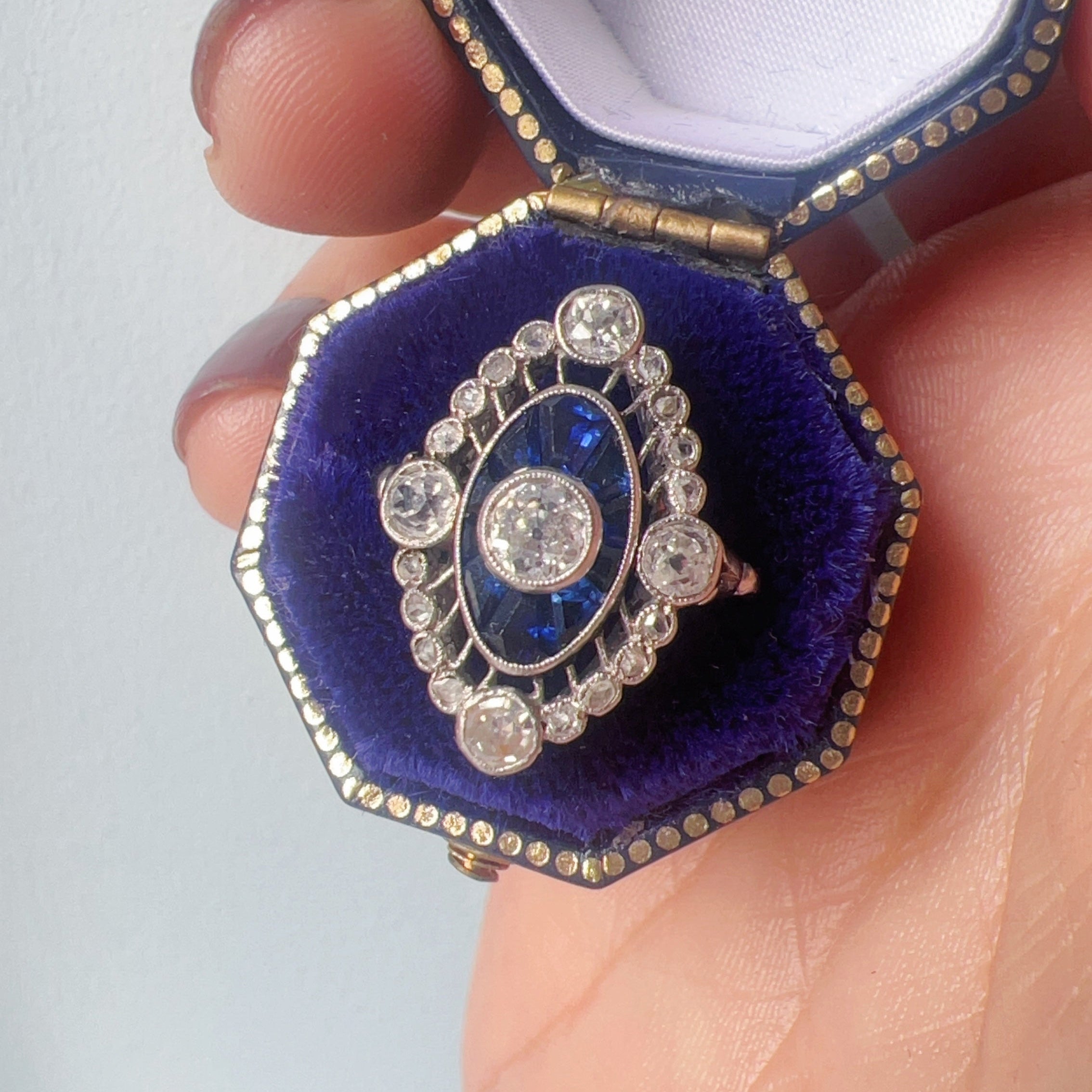 French Edwardian 18K White Gold Platinum Diamond & Sapphire Ring