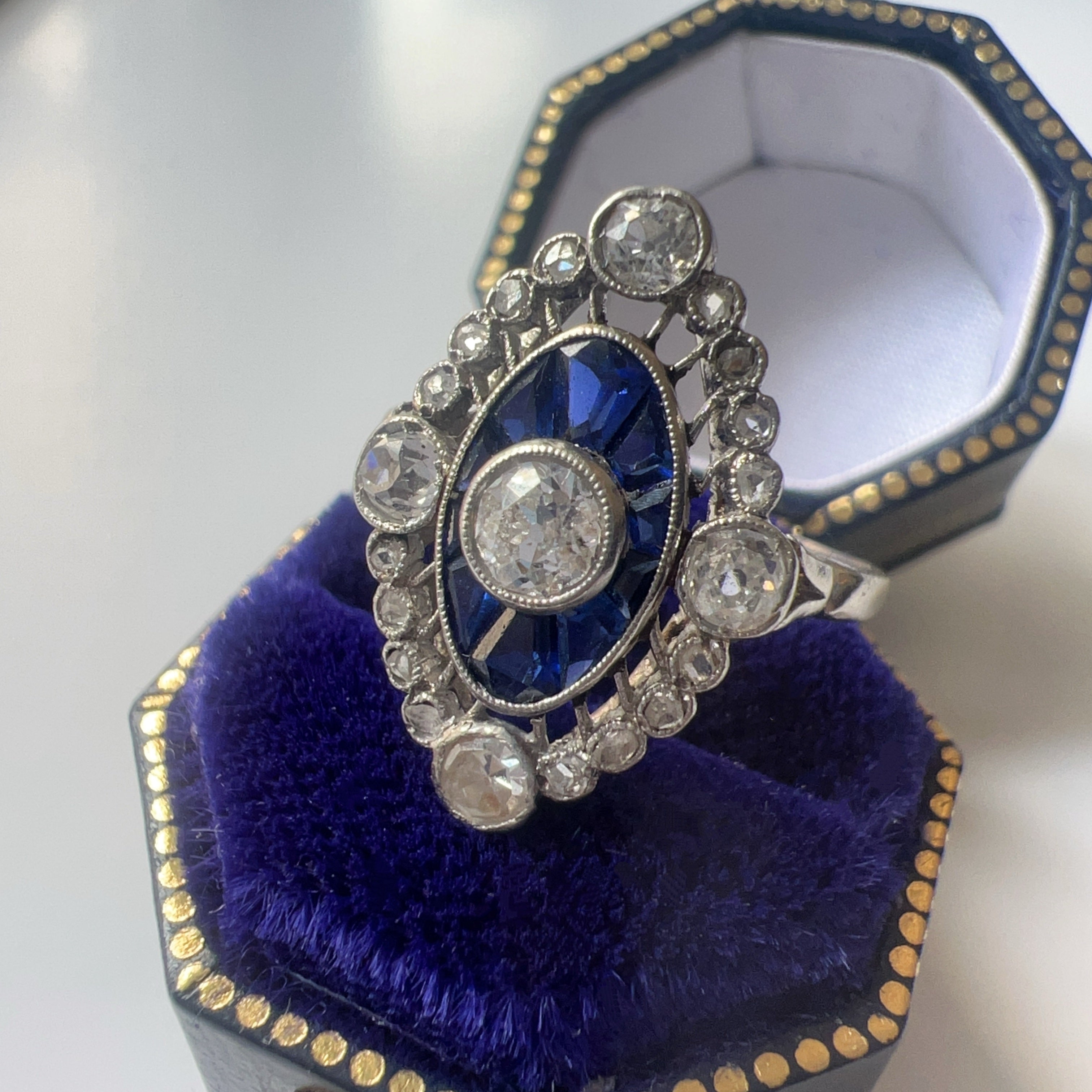 French Edwardian 18K White Gold Platinum Diamond & Sapphire Ring