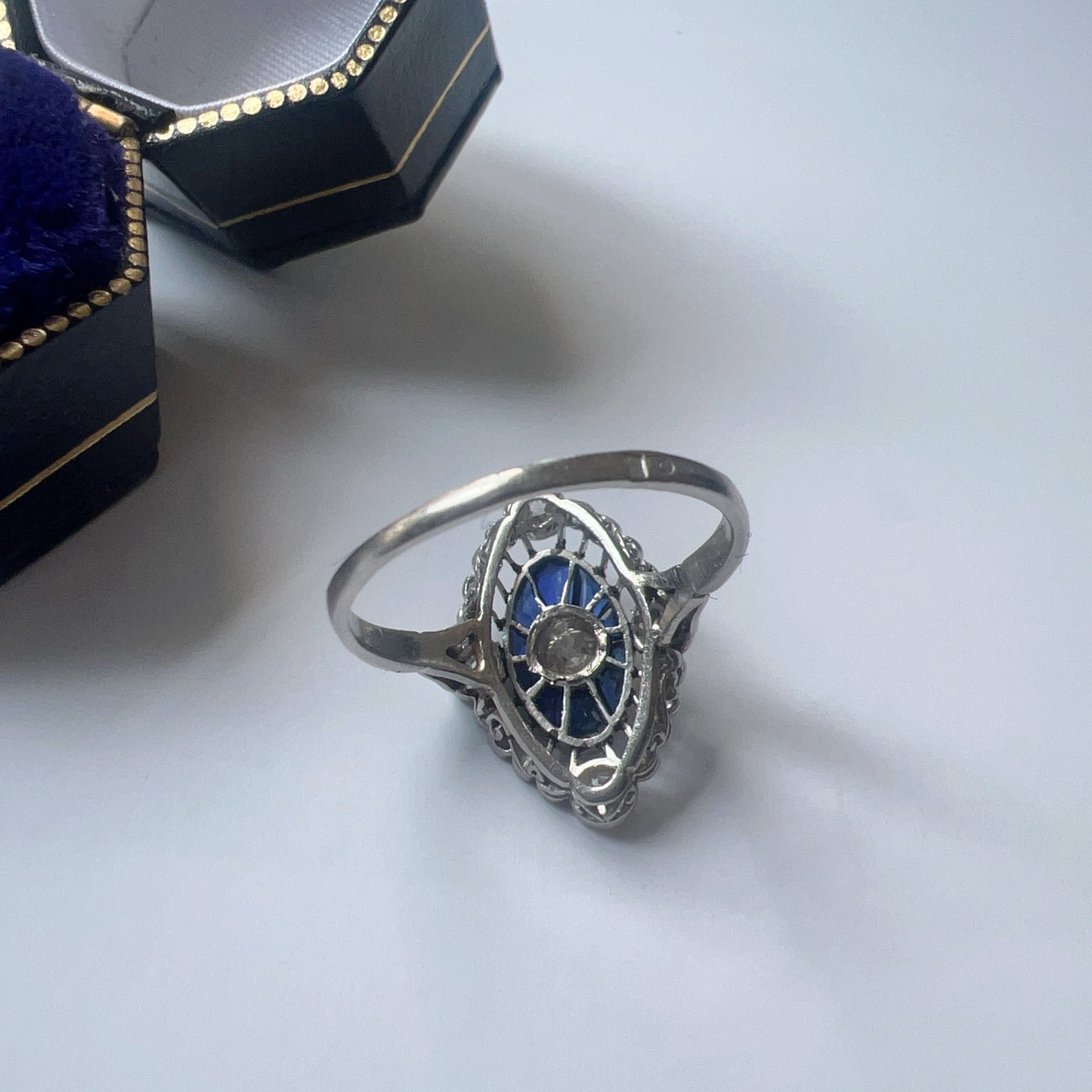 French Edwardian 18K White Gold Platinum Diamond & Sapphire Ring