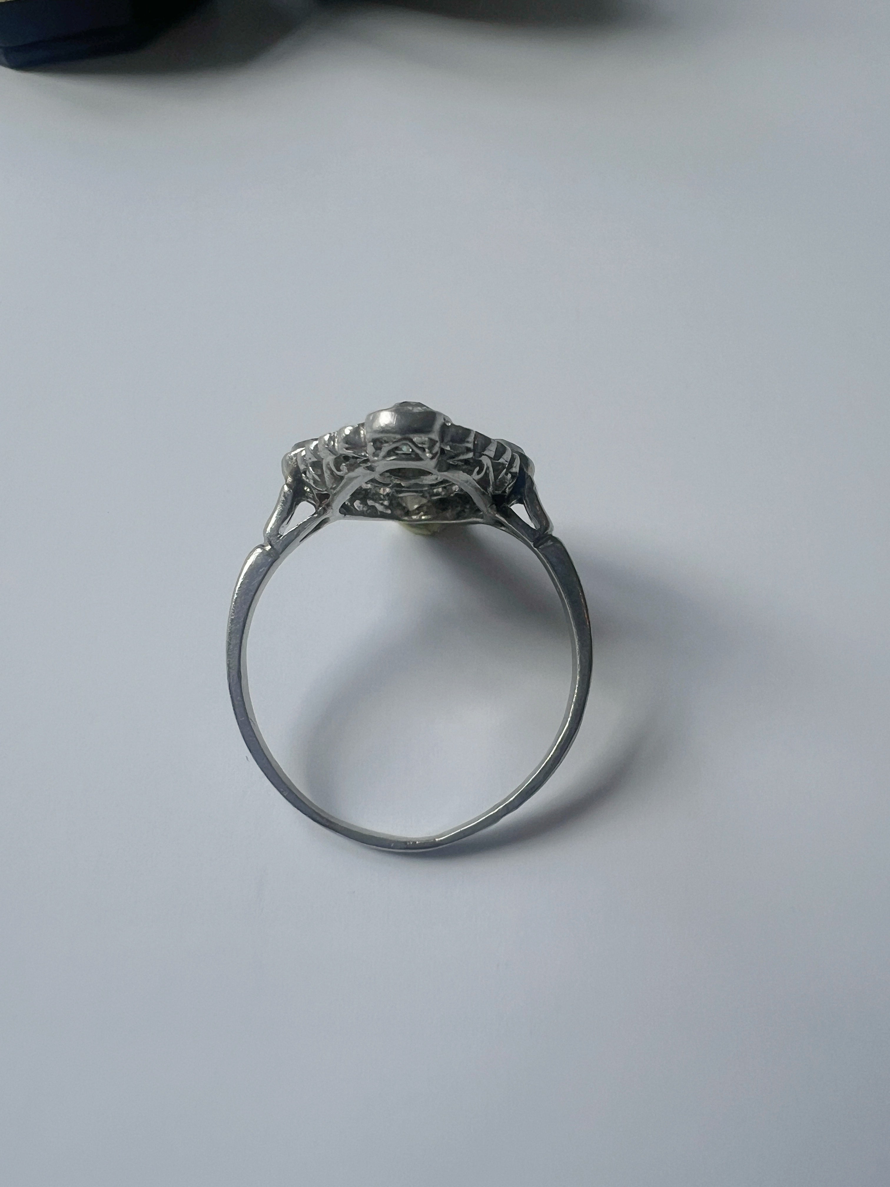 French Edwardian 18K White Gold Platinum Diamond & Sapphire Ring