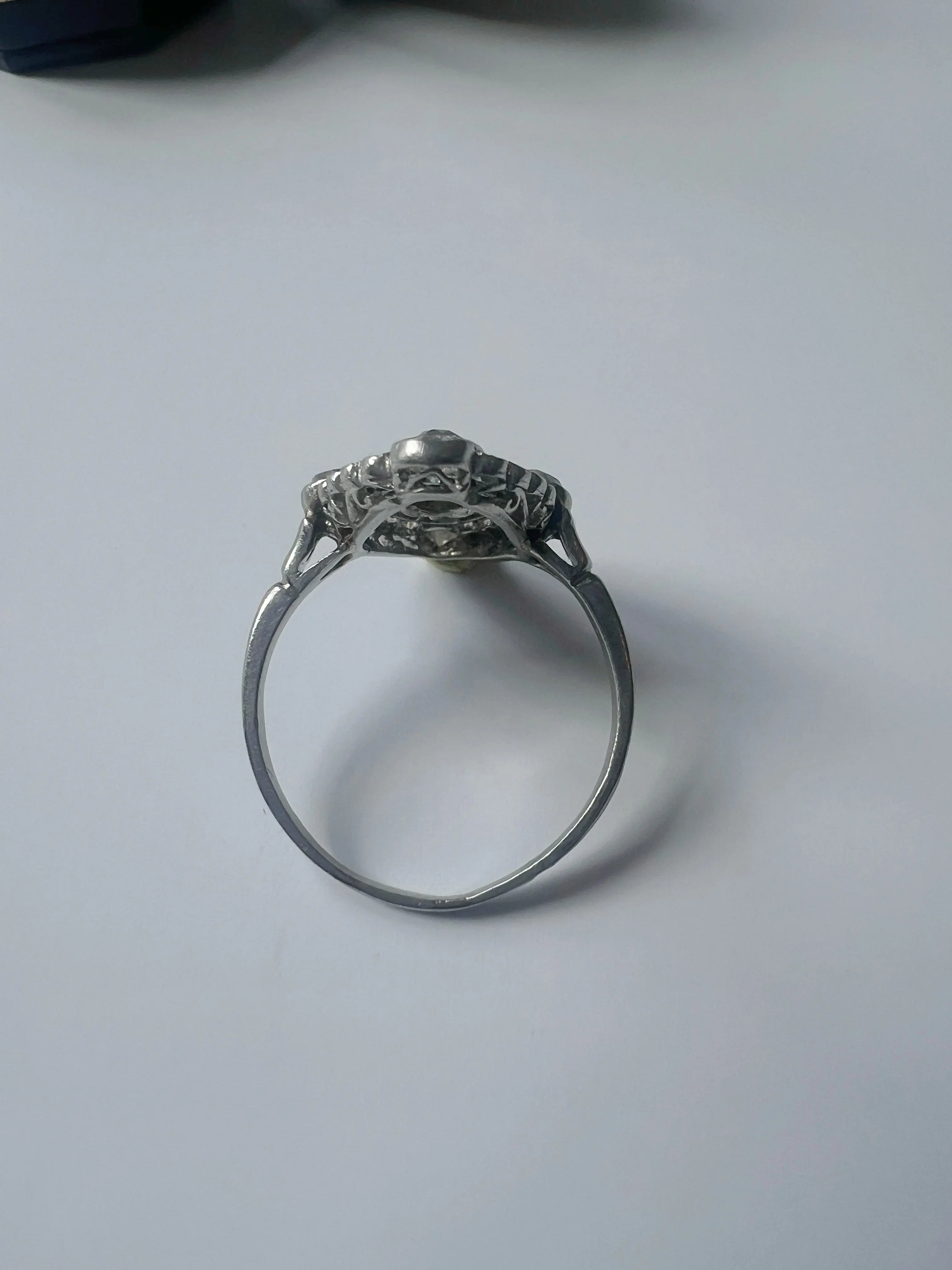 French Edwardian 18K White Gold Platinum Diamond & Sapphire Ring