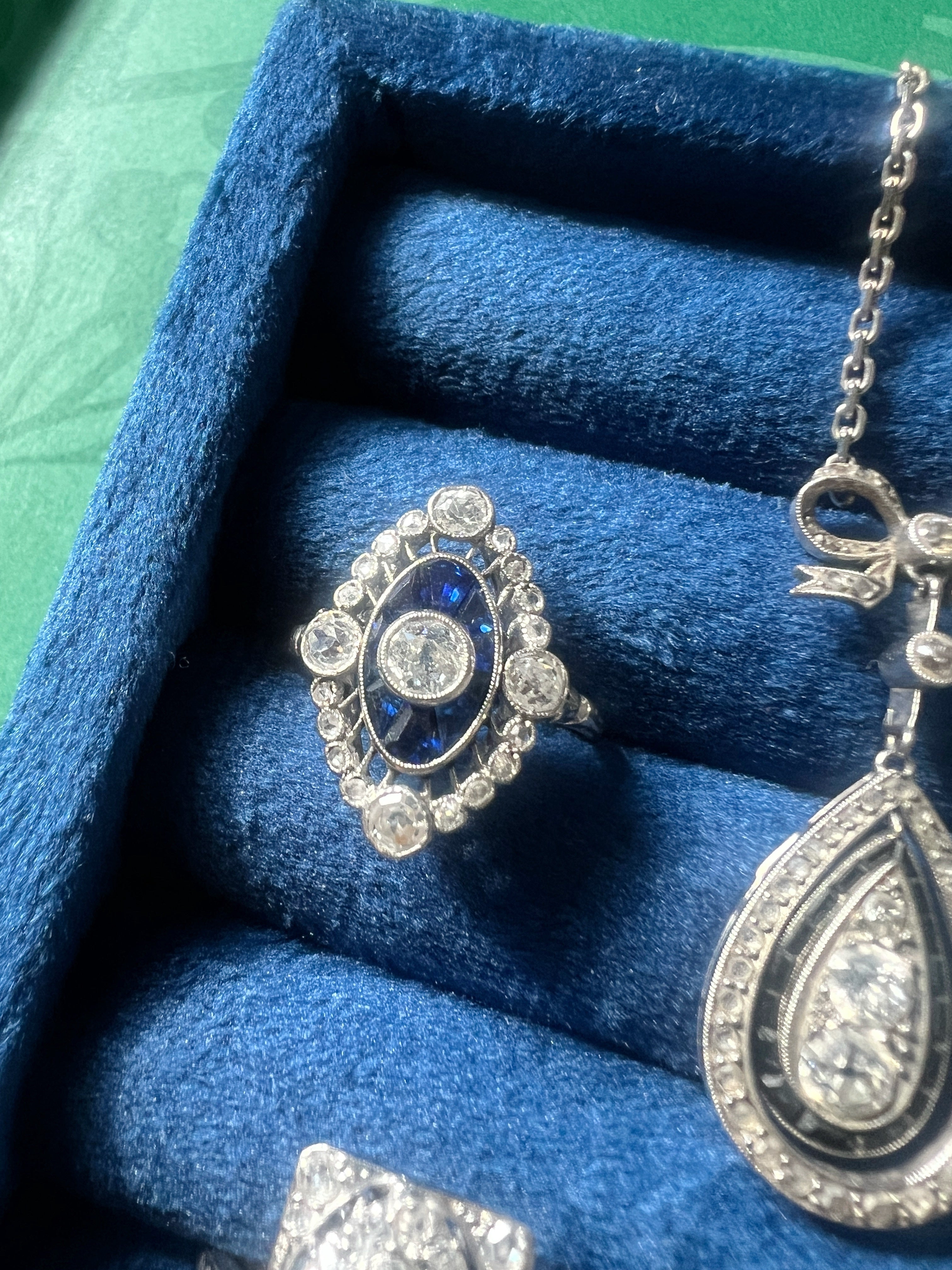 French Edwardian 18K White Gold Platinum Diamond & Sapphire Ring