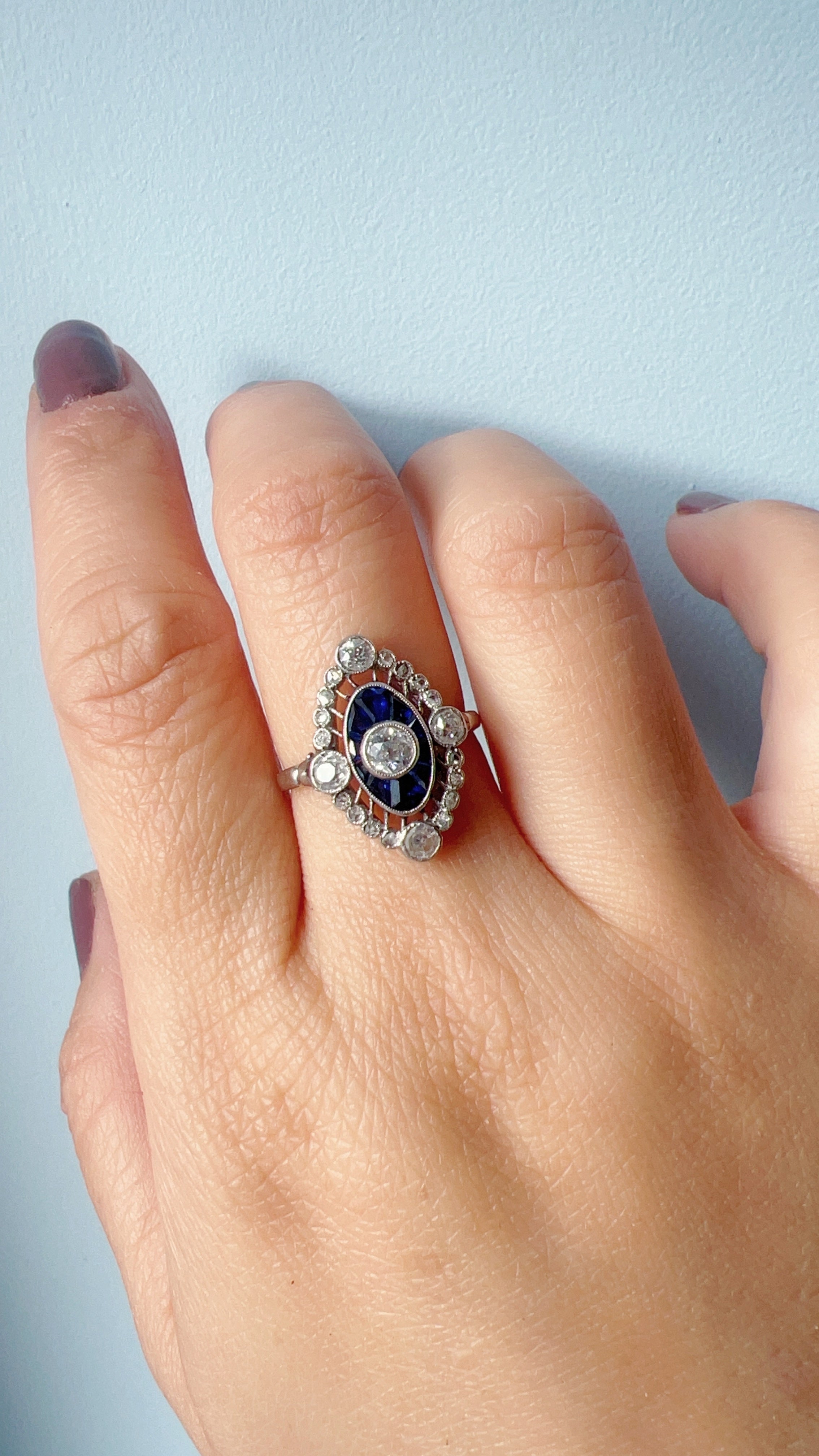 French Edwardian 18K White Gold Platinum Diamond & Sapphire Ring