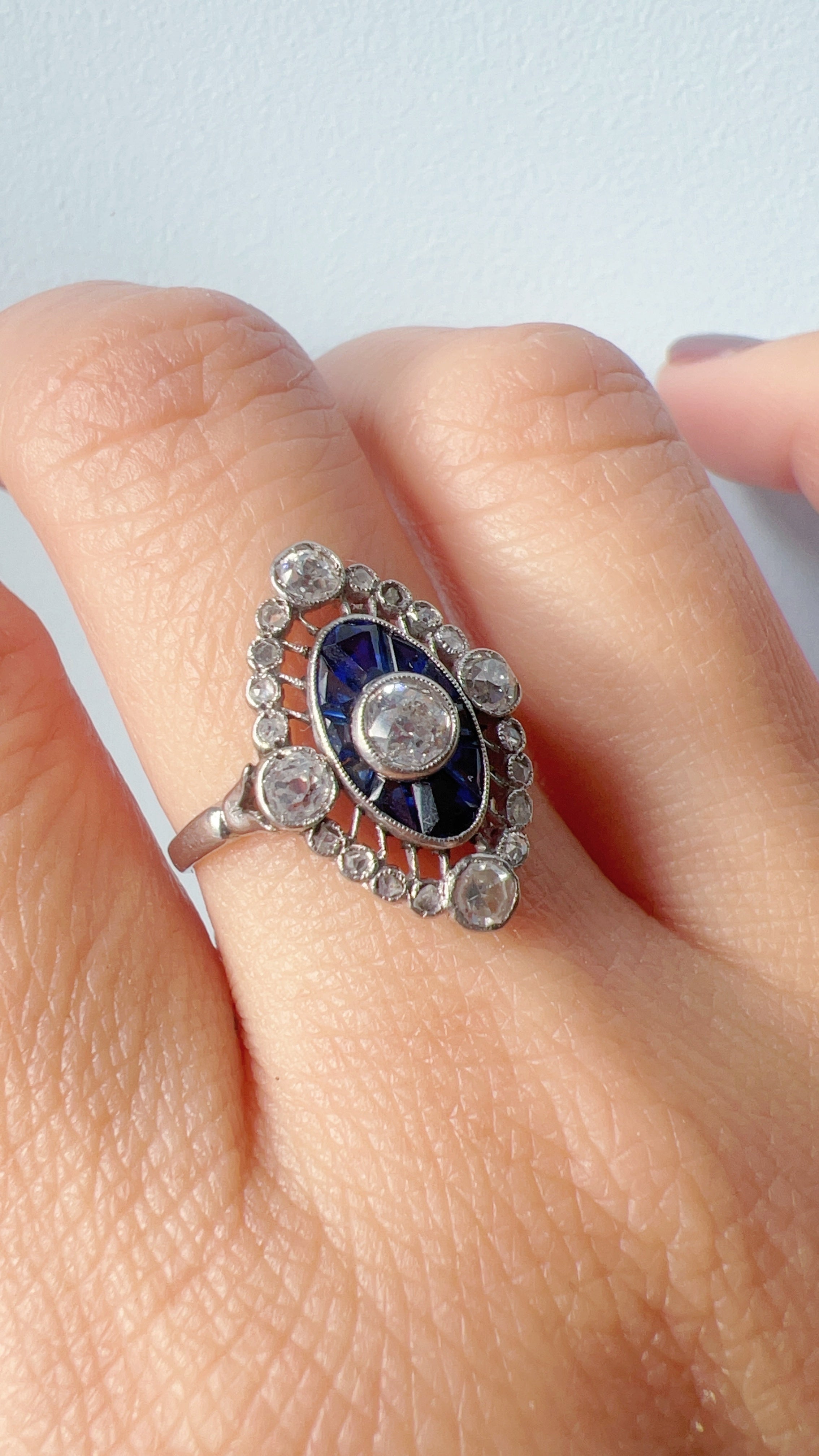 French Edwardian 18K White Gold Platinum Diamond & Sapphire Ring
