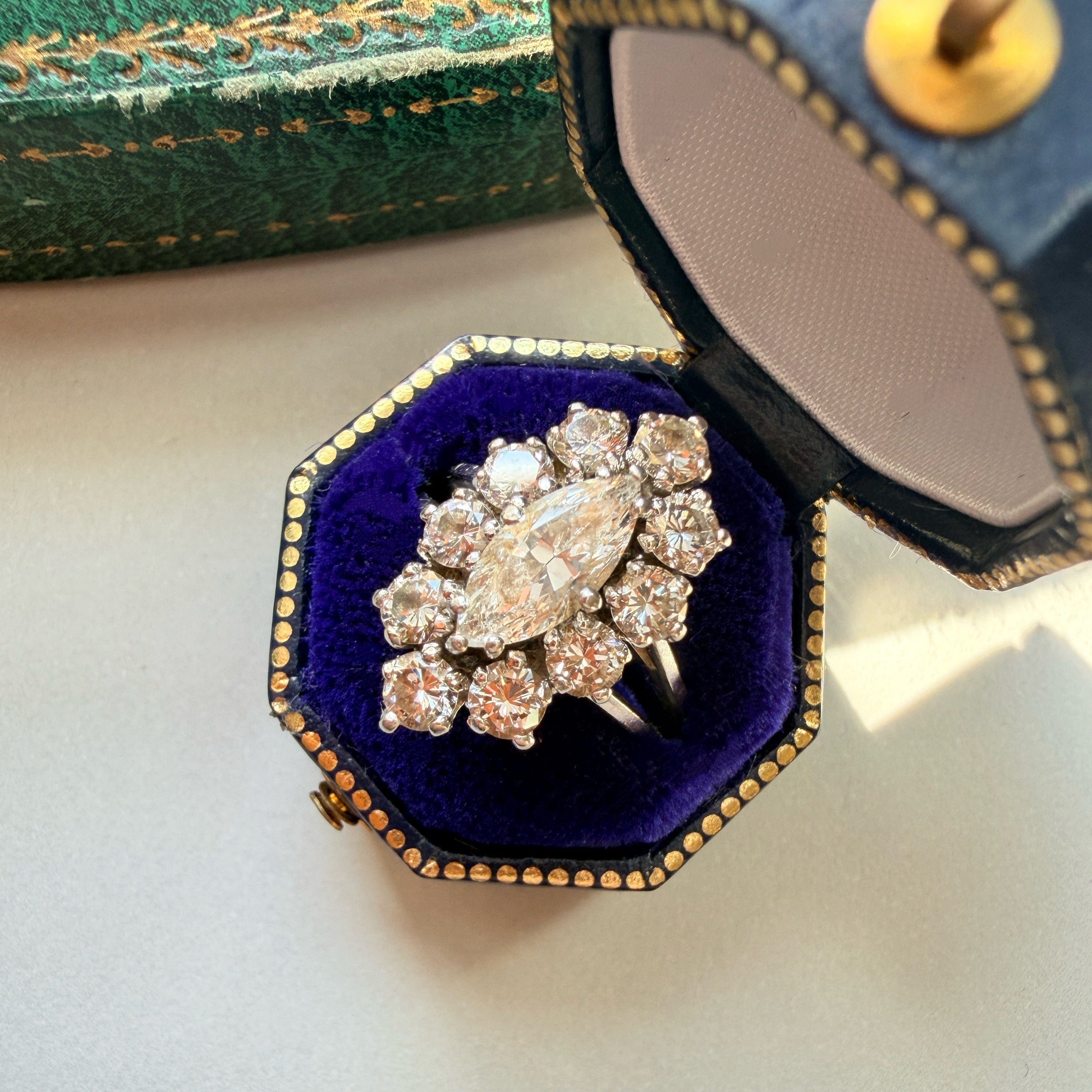 French vintage 18K gold platinum marquise diamond ring