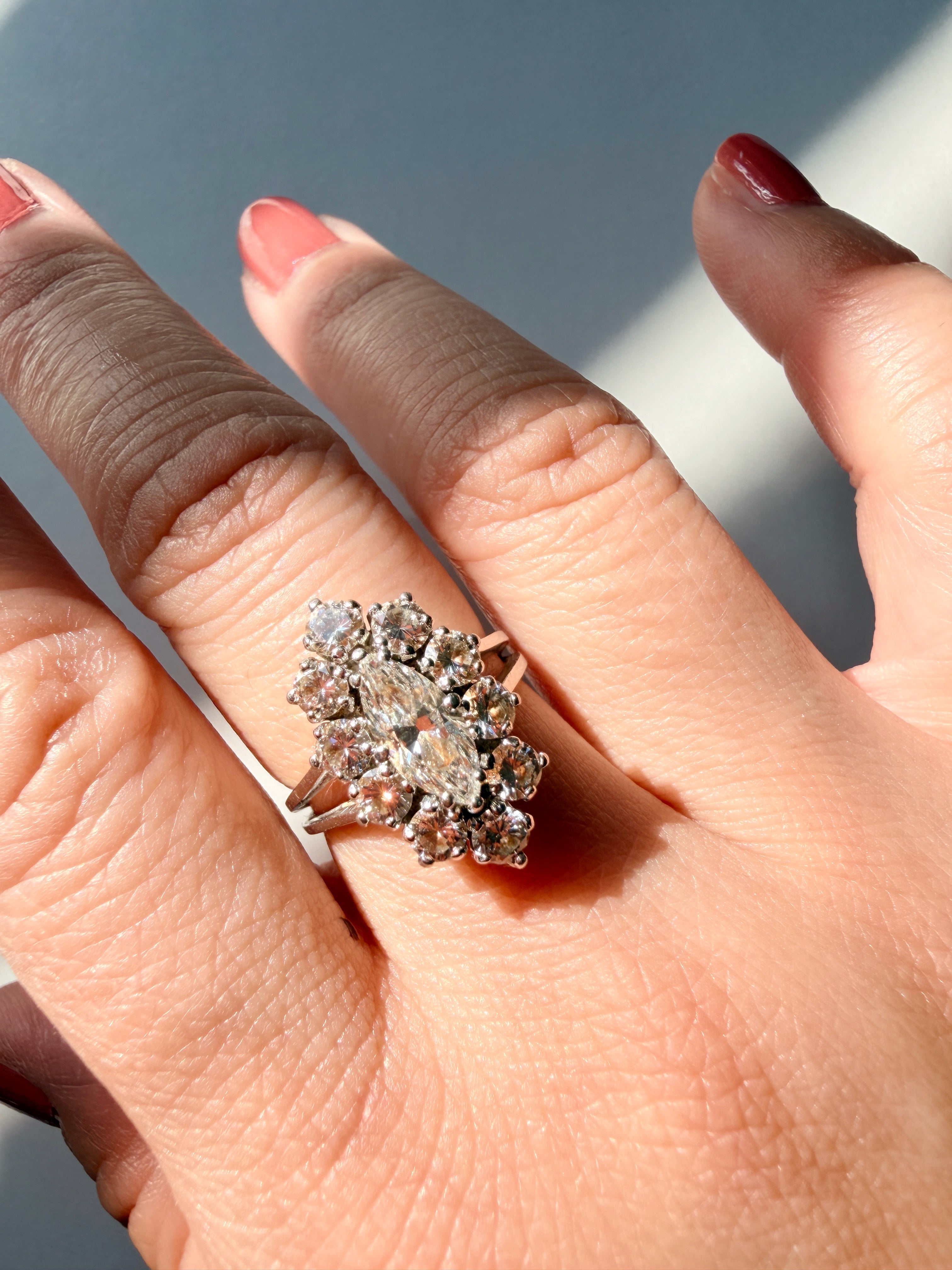 French vintage 18K gold platinum marquise diamond ring