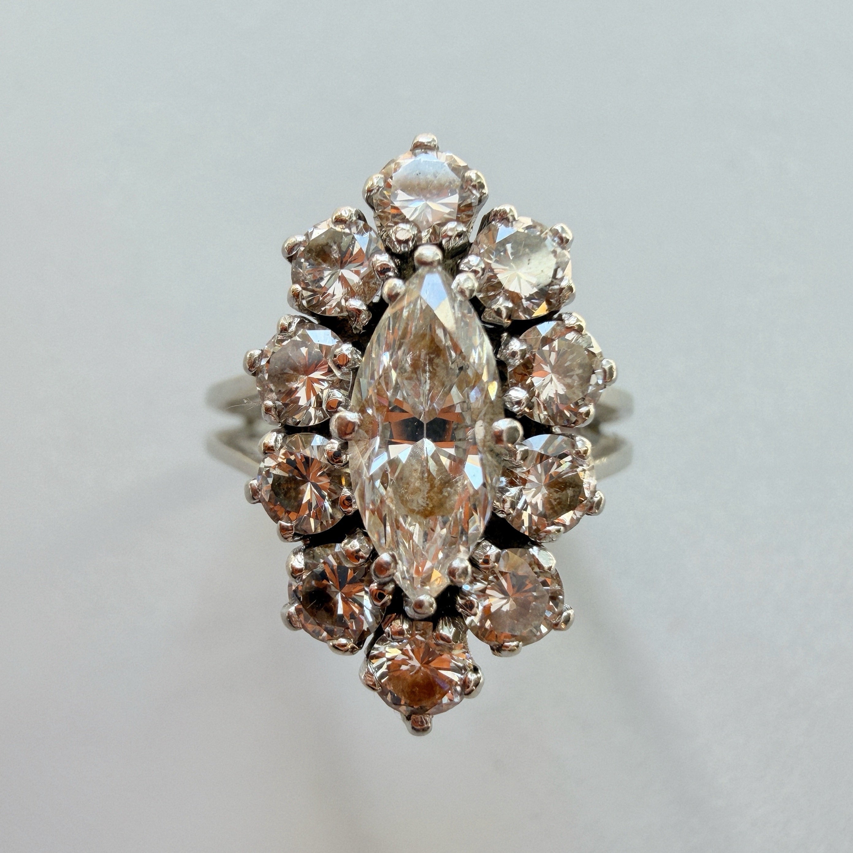 French vintage 18K gold platinum marquise diamond ring