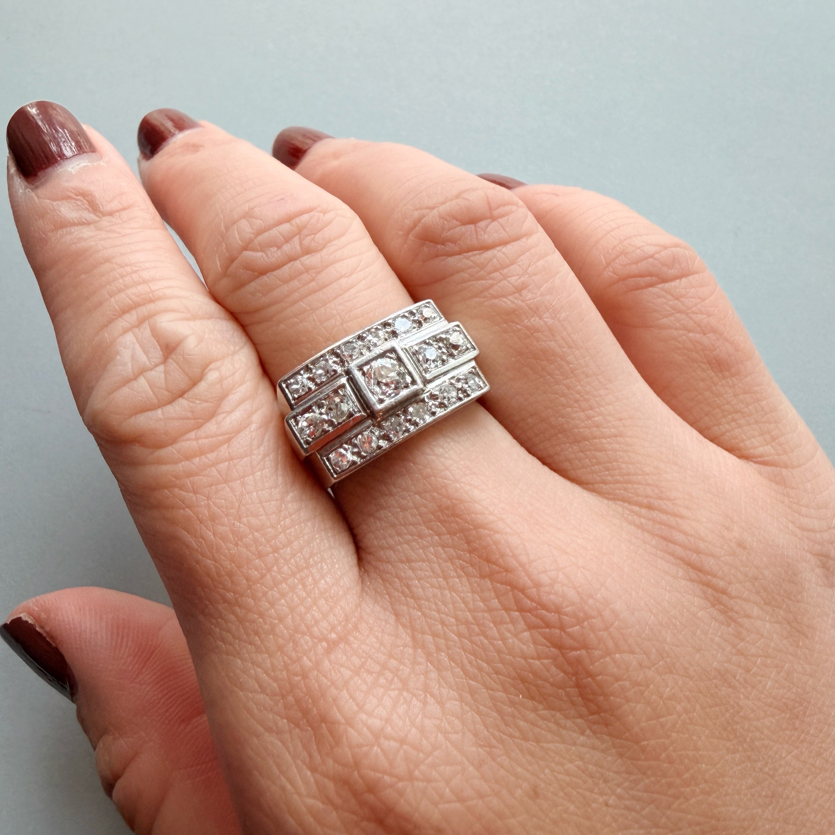 1940s French 18K white gold diamond tank ring