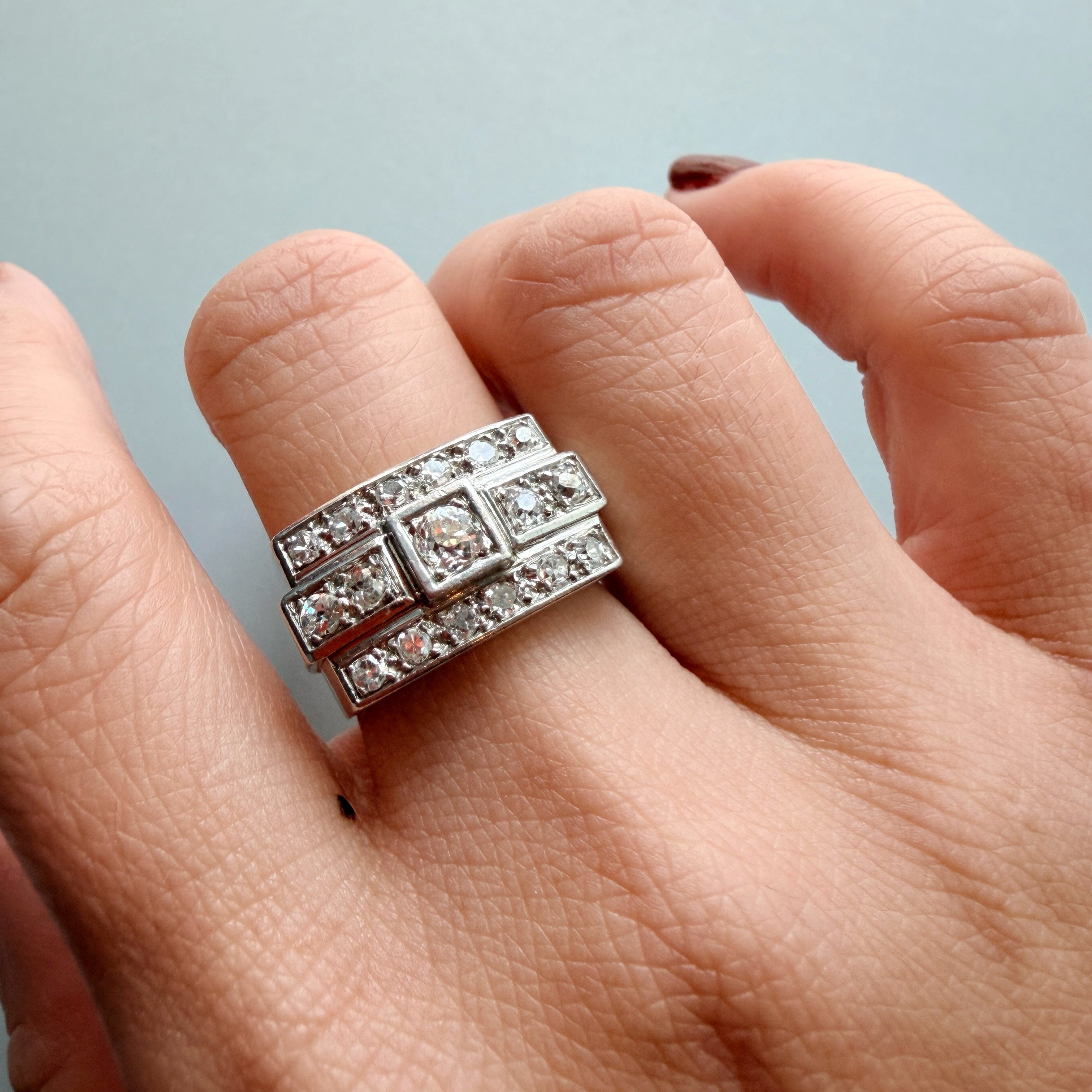 1940s French 18K white gold diamond tank ring