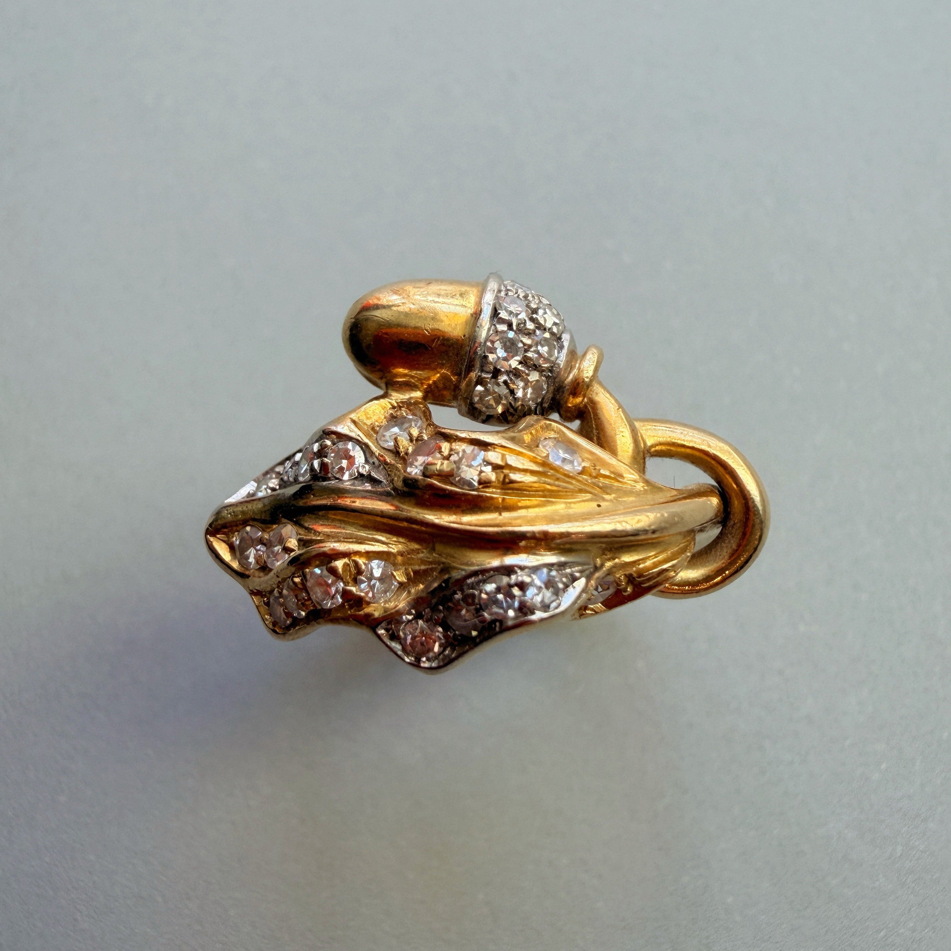 Art Nouveau 18K Yellow Gold Diamond Acorn & Foliage Ring