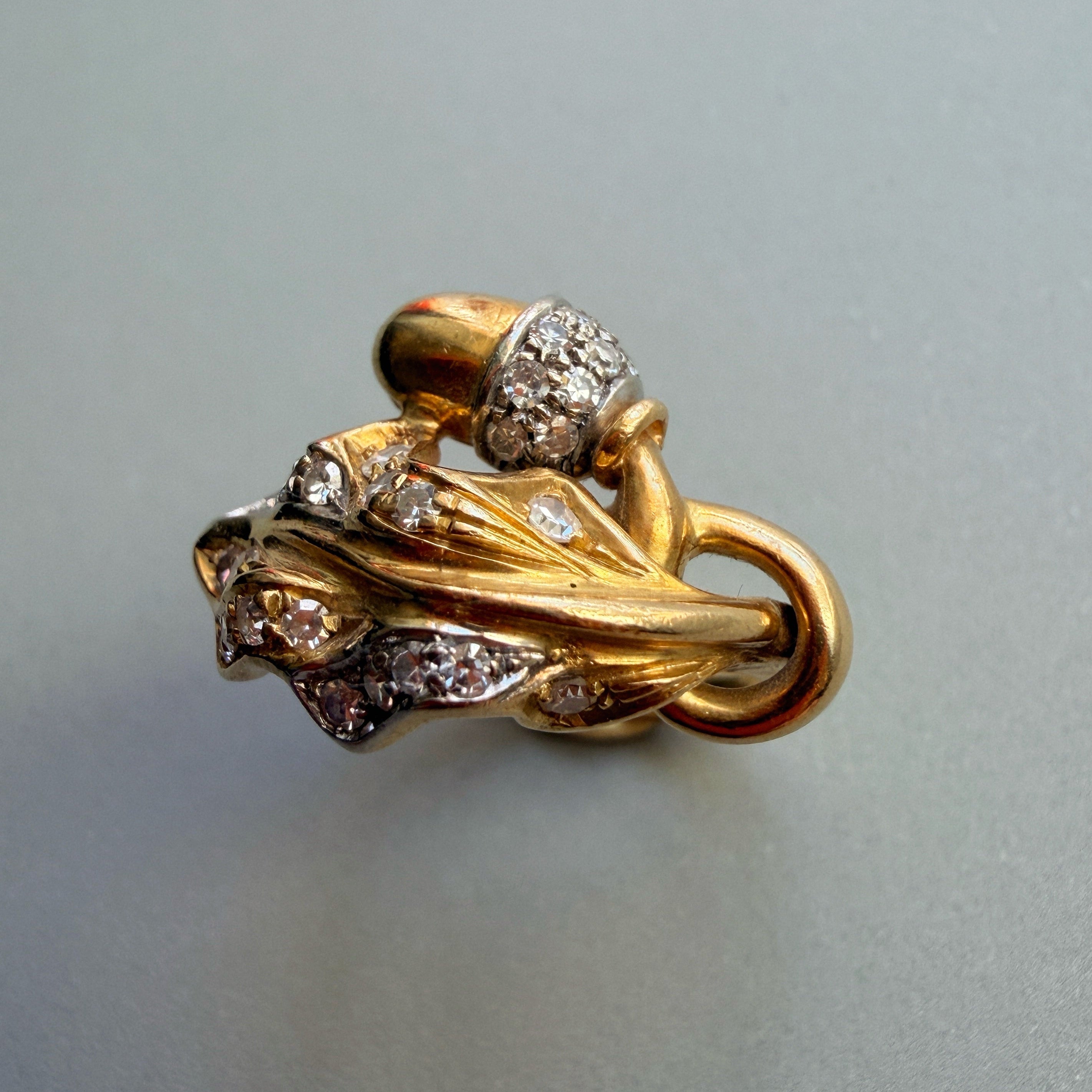 Art Nouveau 18K Yellow Gold Diamond Acorn & Foliage Ring