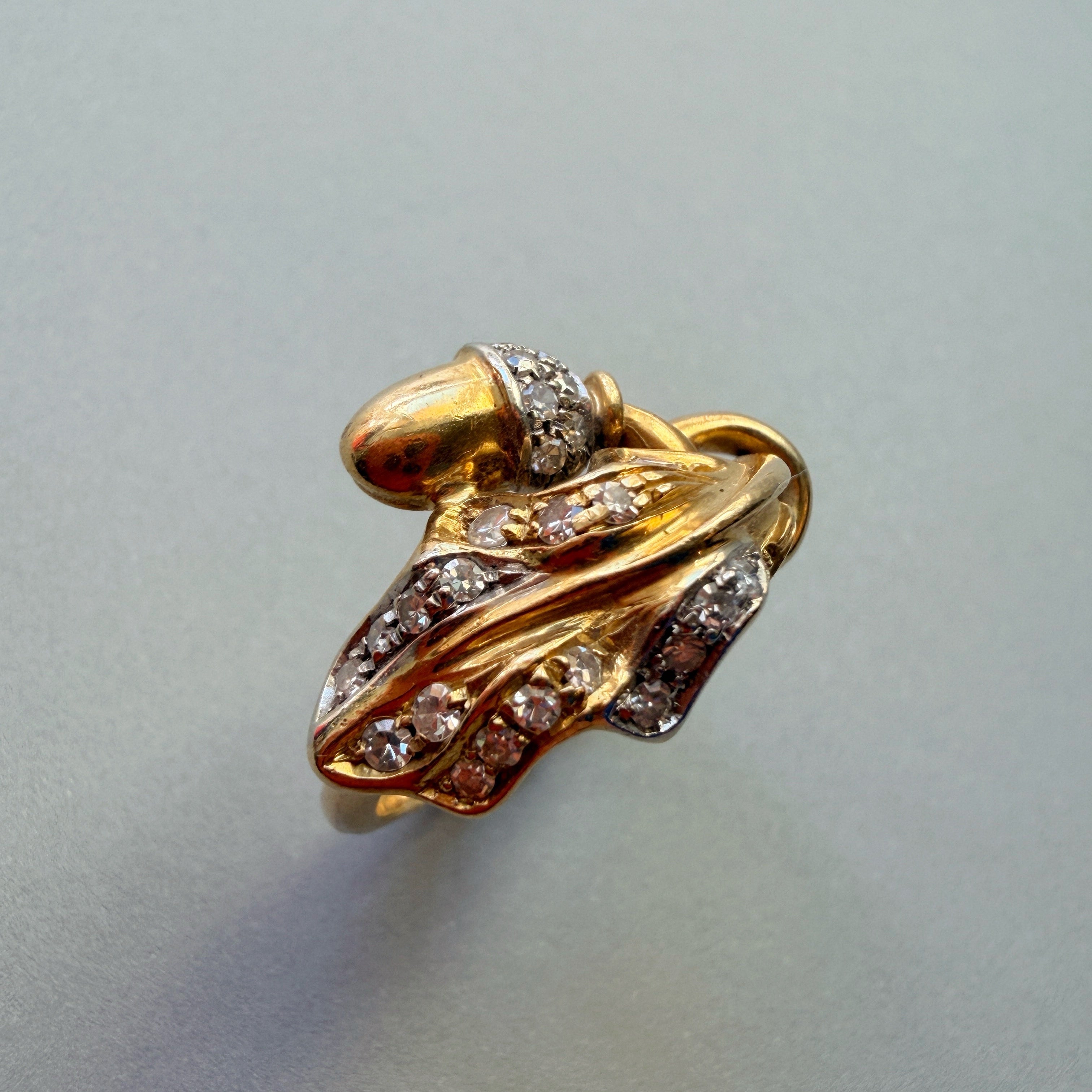 Art Nouveau 18K Yellow Gold Diamond Acorn & Foliage Ring