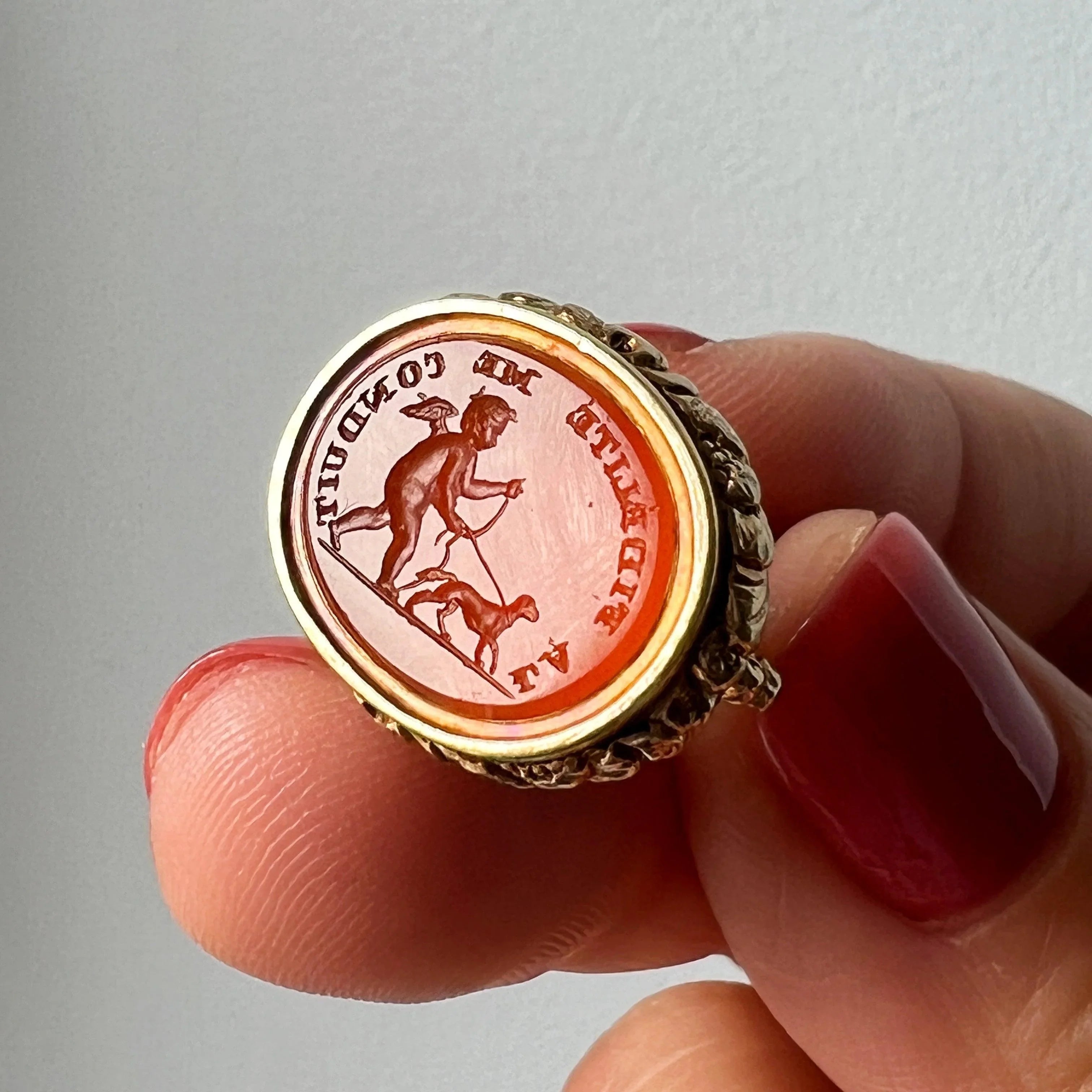 Victorian 14k gold cupid and dog carnelian fob pendant - Curiously timeless