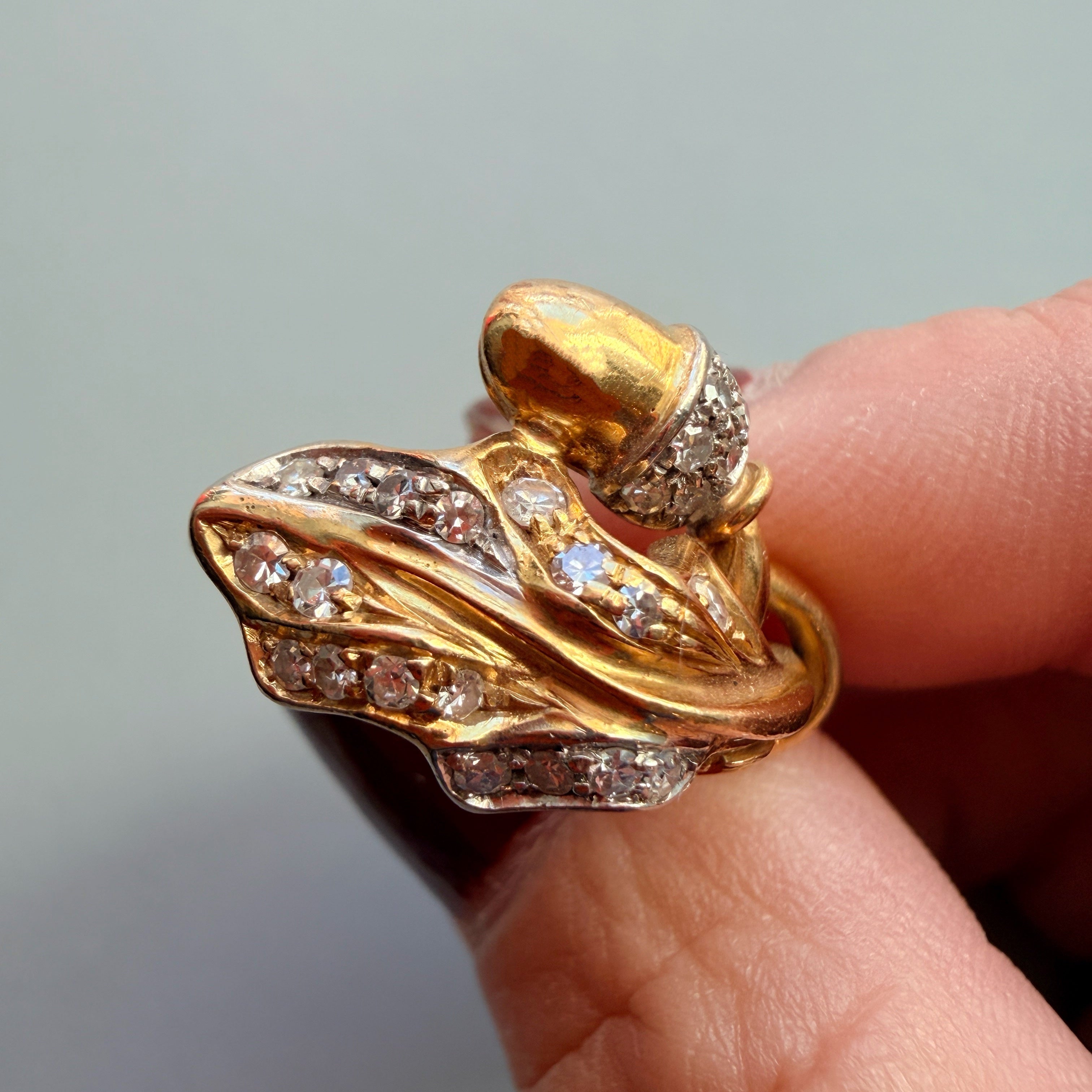 Art Nouveau 18K Yellow Gold Diamond Acorn & Foliage Ring