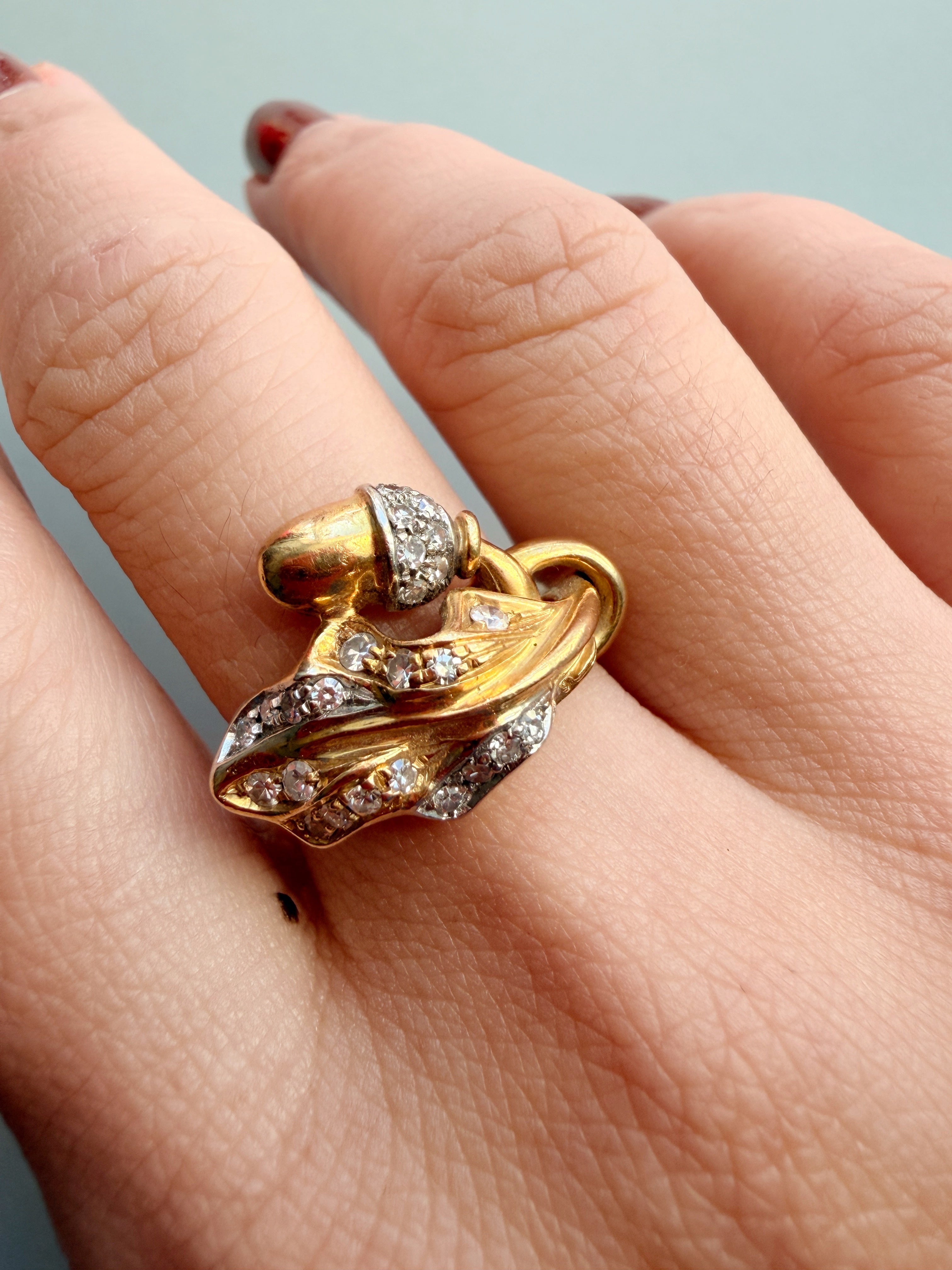 Art Nouveau 18K Yellow Gold Diamond Acorn & Foliage Ring
