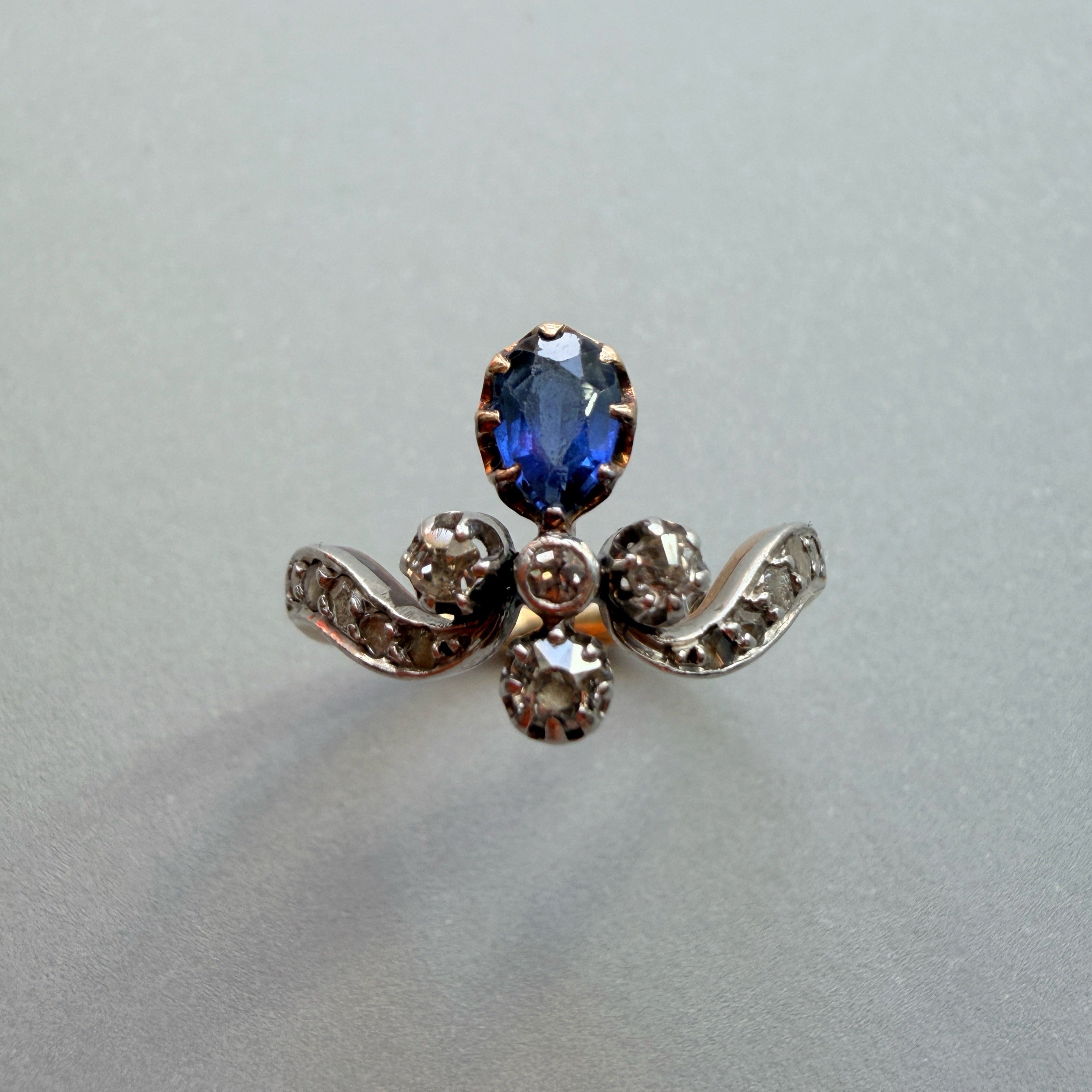 Victorian era 18K gold blue sapphire diamond duchess ring