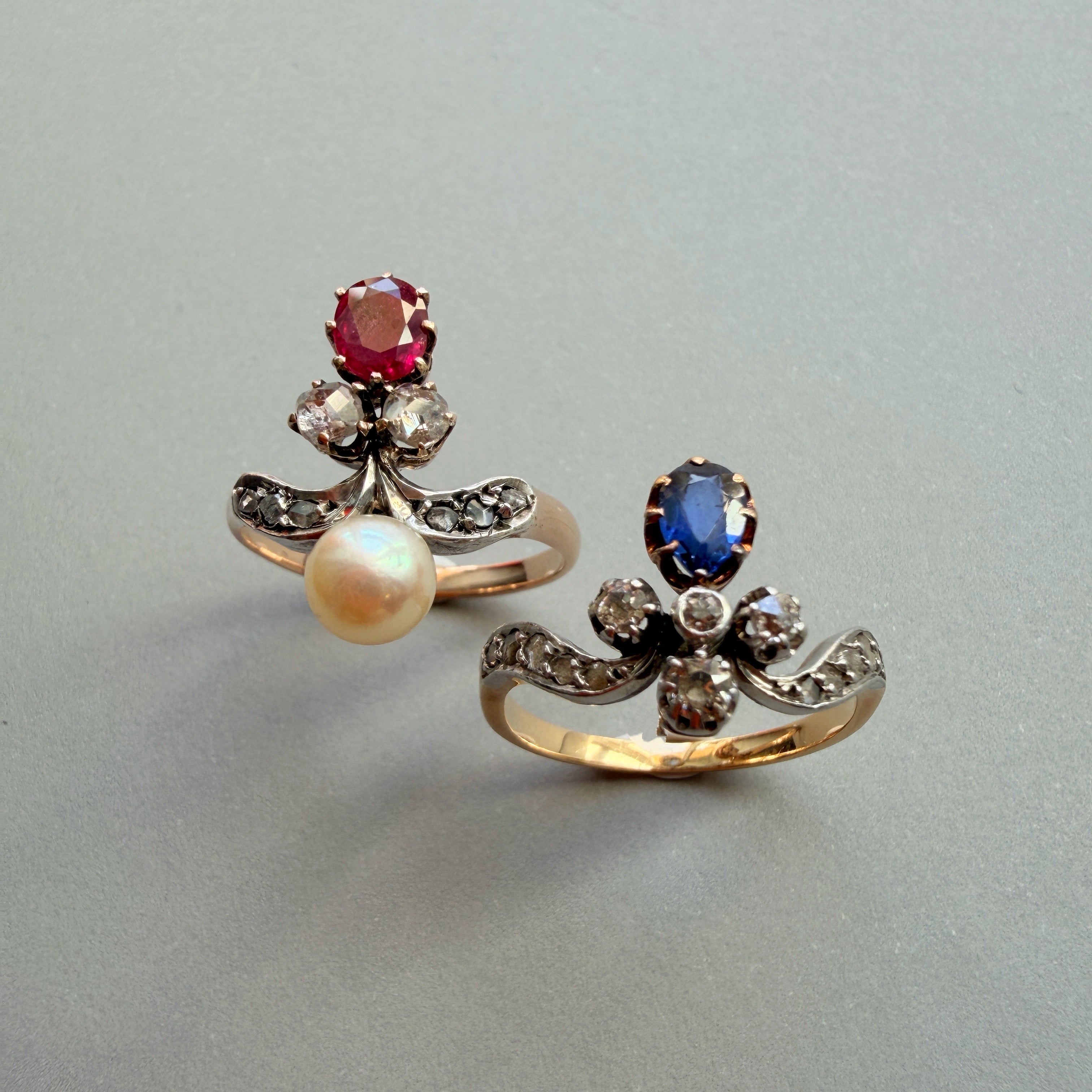 Victorian era 18K gold ruby pearl diamond duchess ring