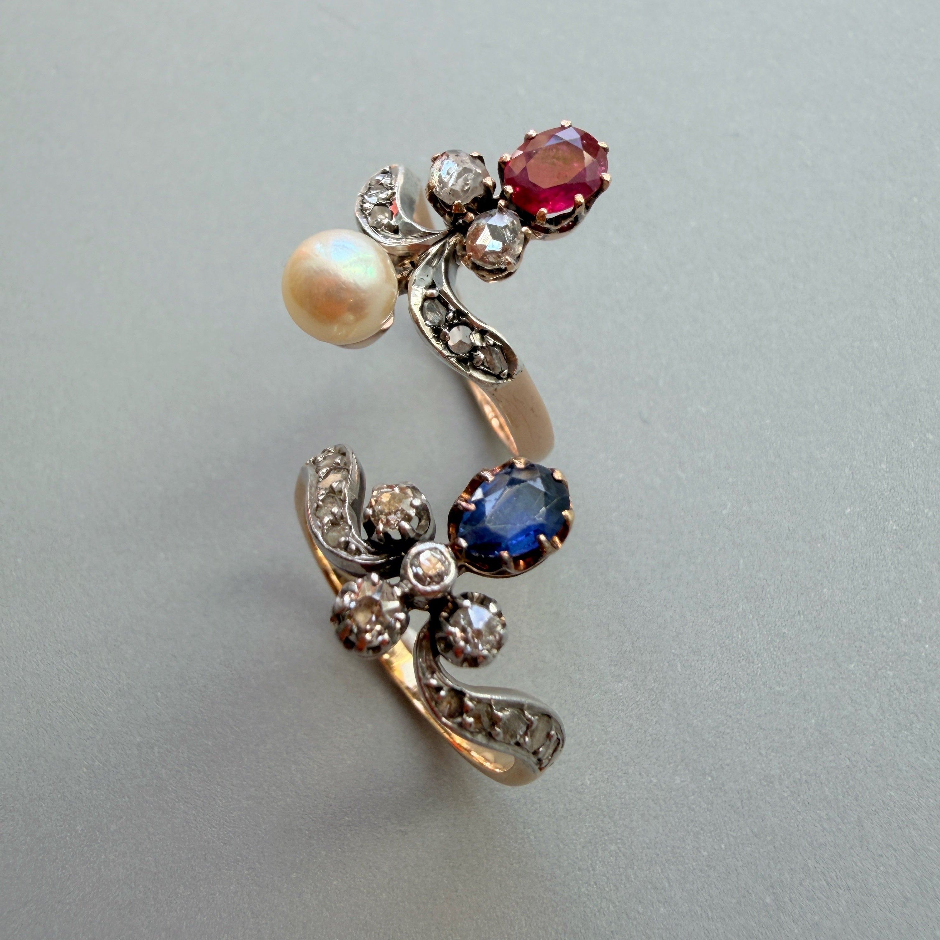 Victorian era 18K gold ruby pearl diamond duchess ring