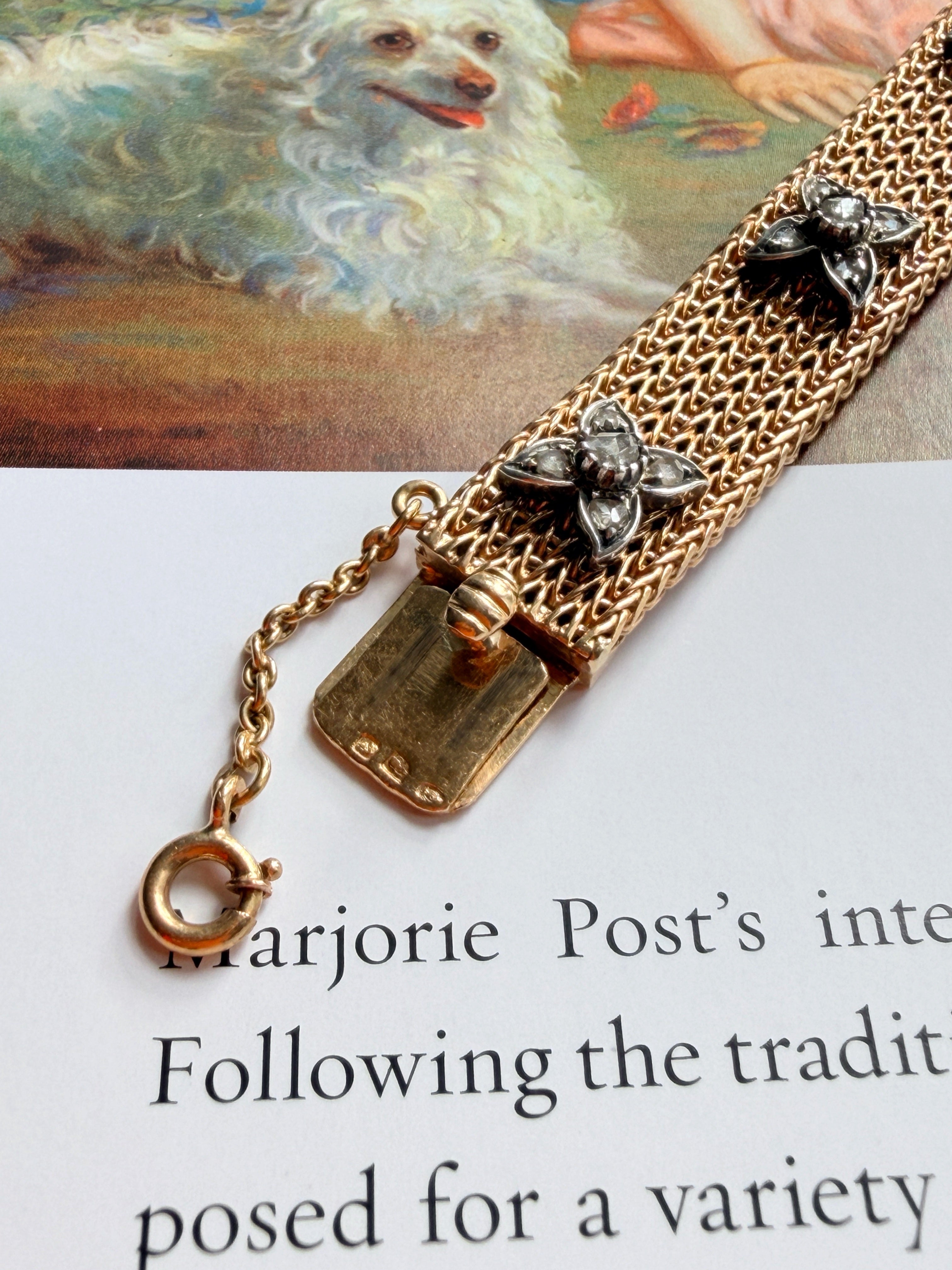 Vintage 18K yellow gold woven gold bracelet with diamond flowers