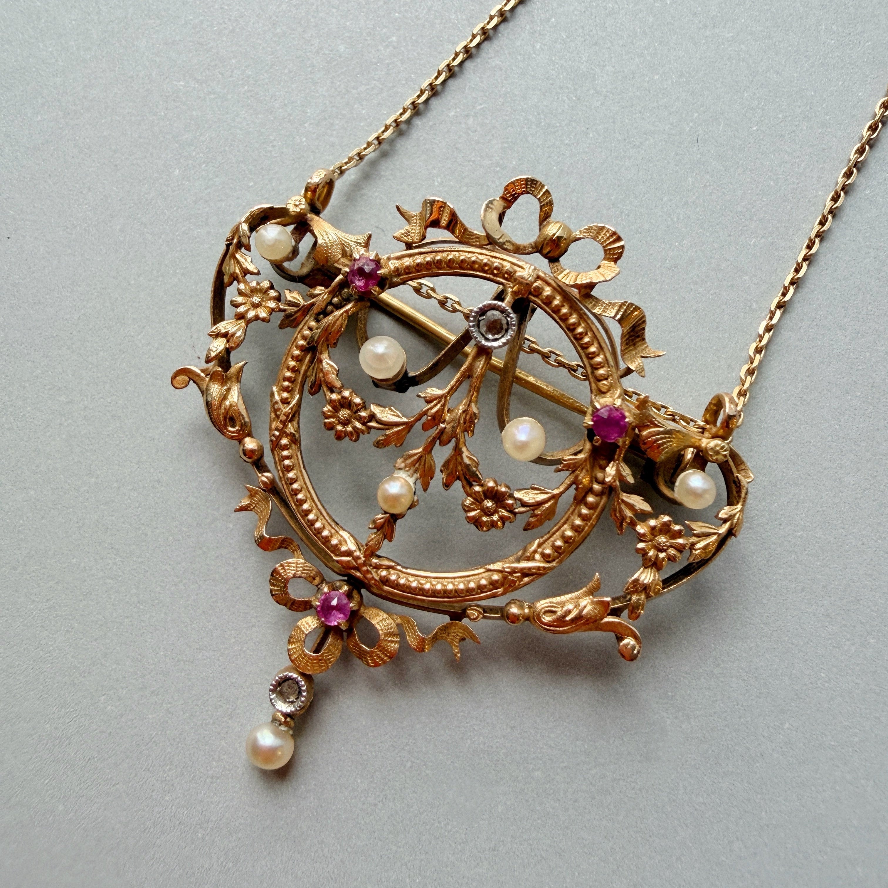 French art nouveau era 18K gold pearl ruby diamond pendant brooch