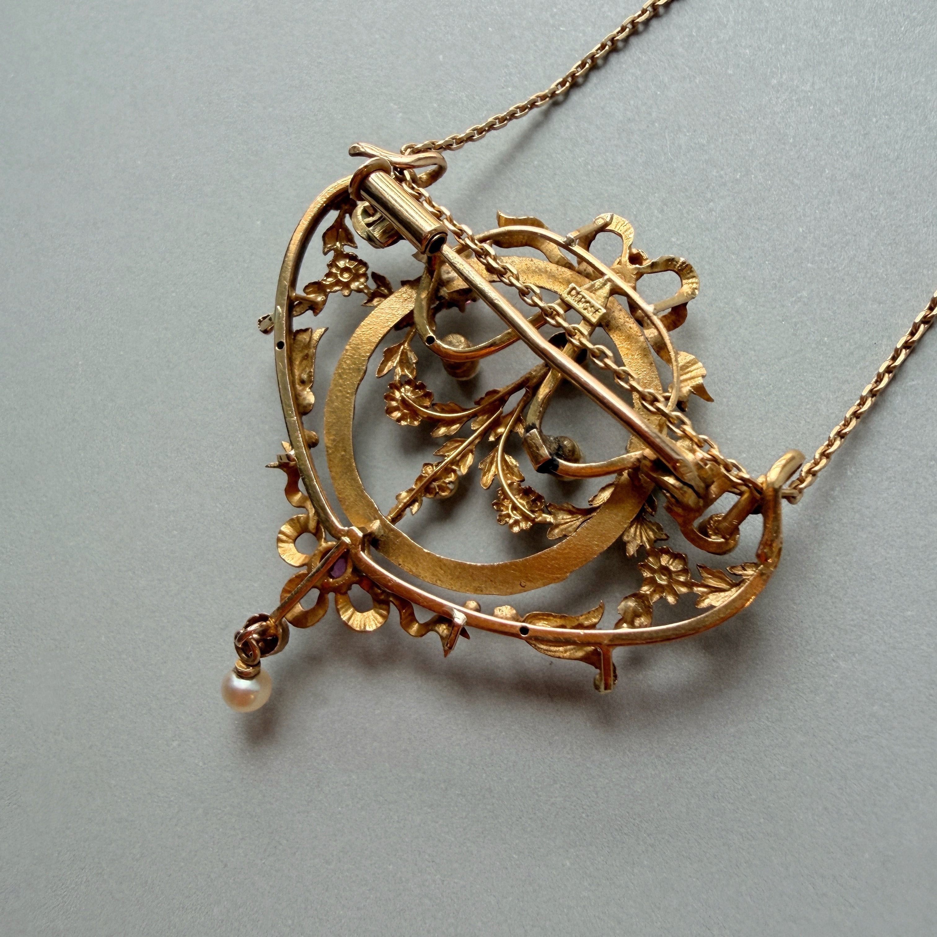 French art nouveau era 18K gold pearl ruby diamond pendant brooch