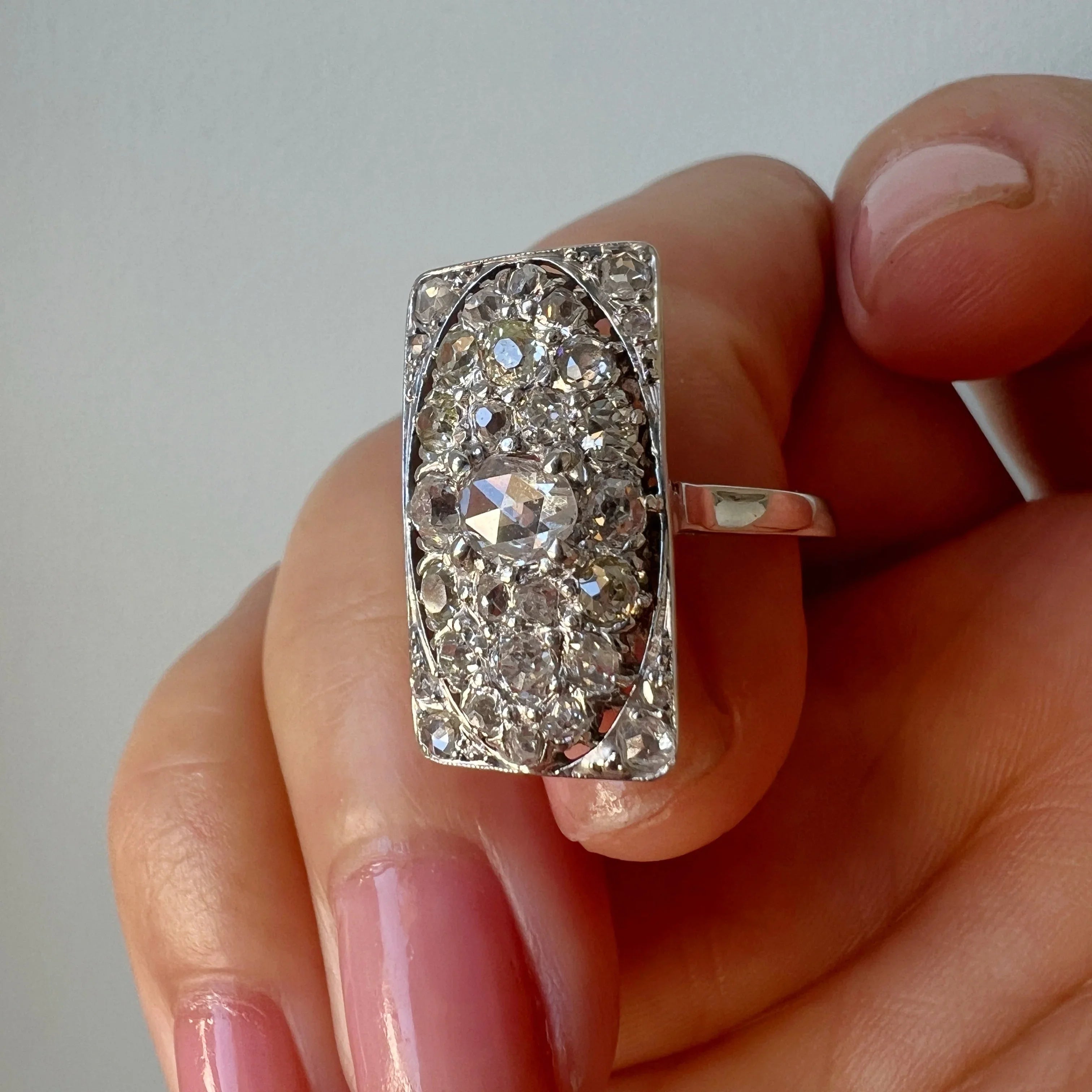 Art Deco French 18K White Gold 2ct antique Diamond Ring