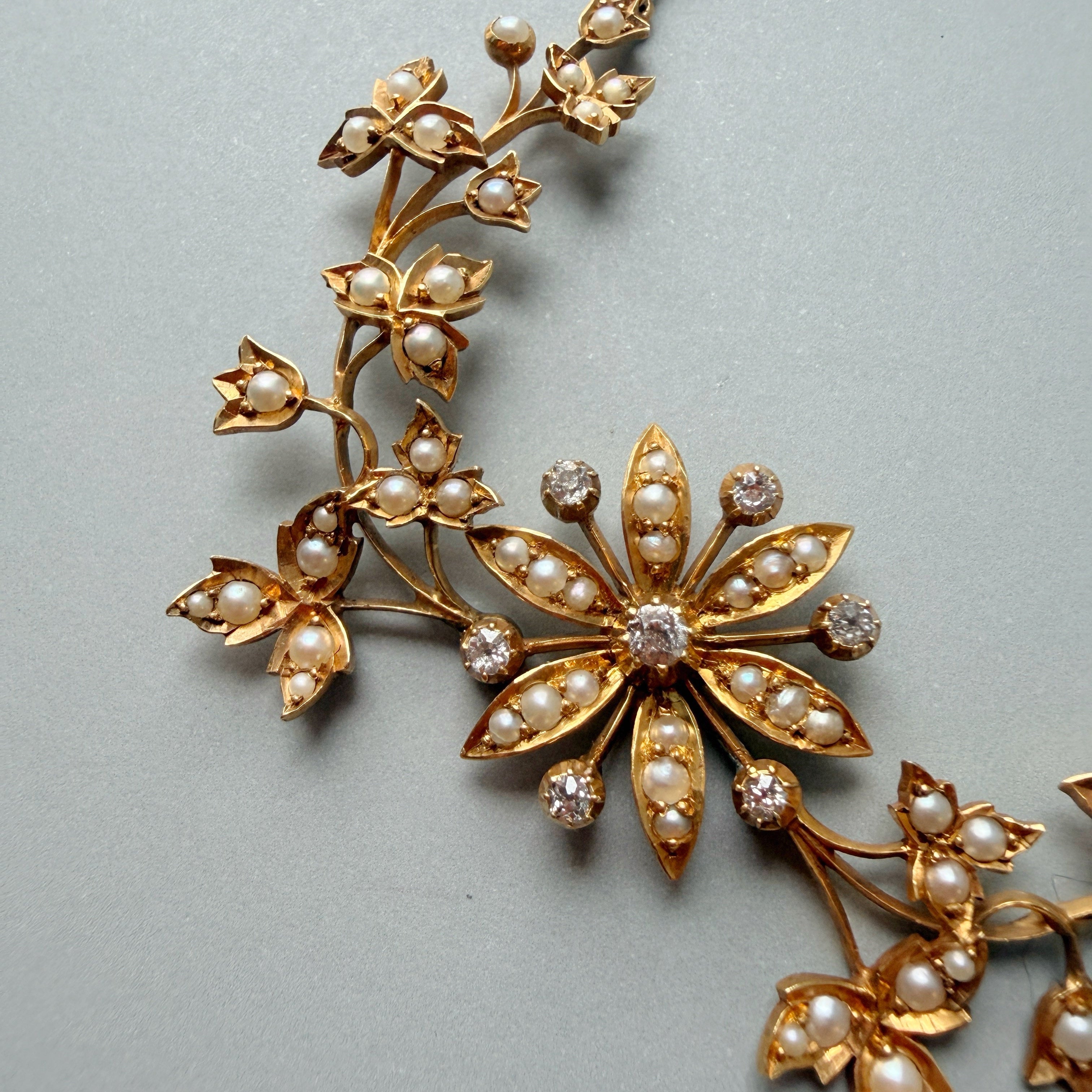 Victorian 14K Gold Diamonds Pearls flower necklace