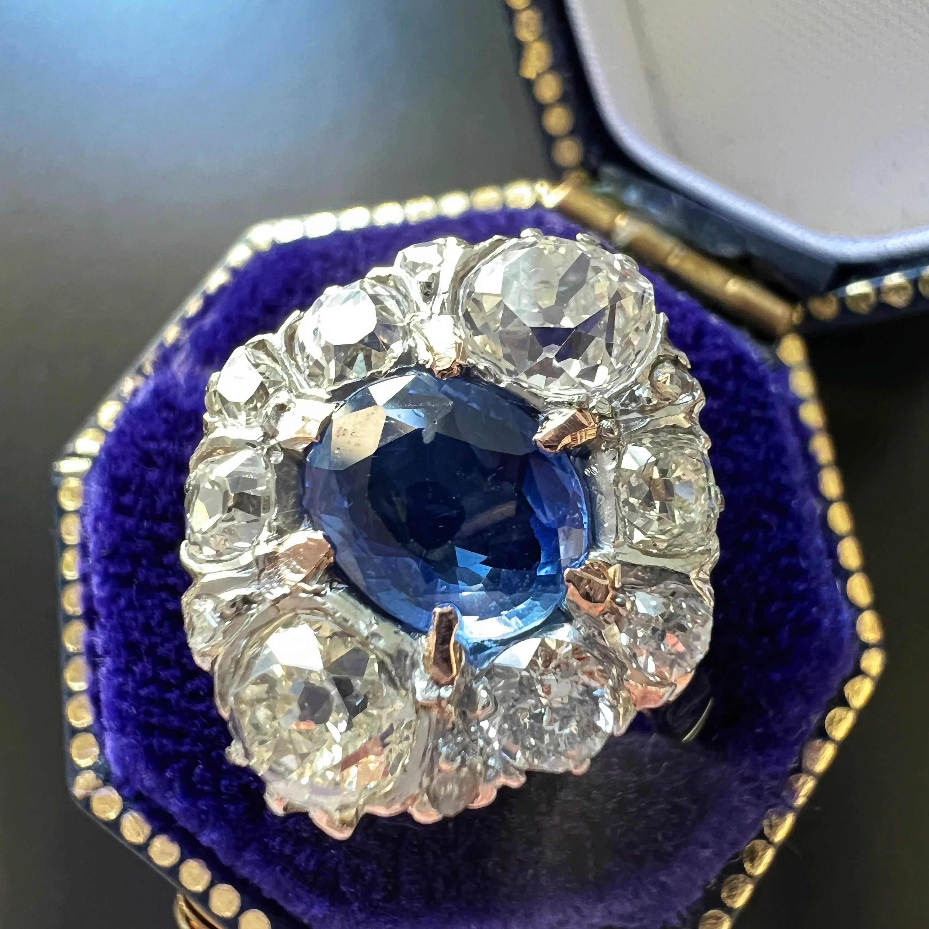 Antique LFG Certified Natural unheated Sapphire Diamond 18K White Gold Ring