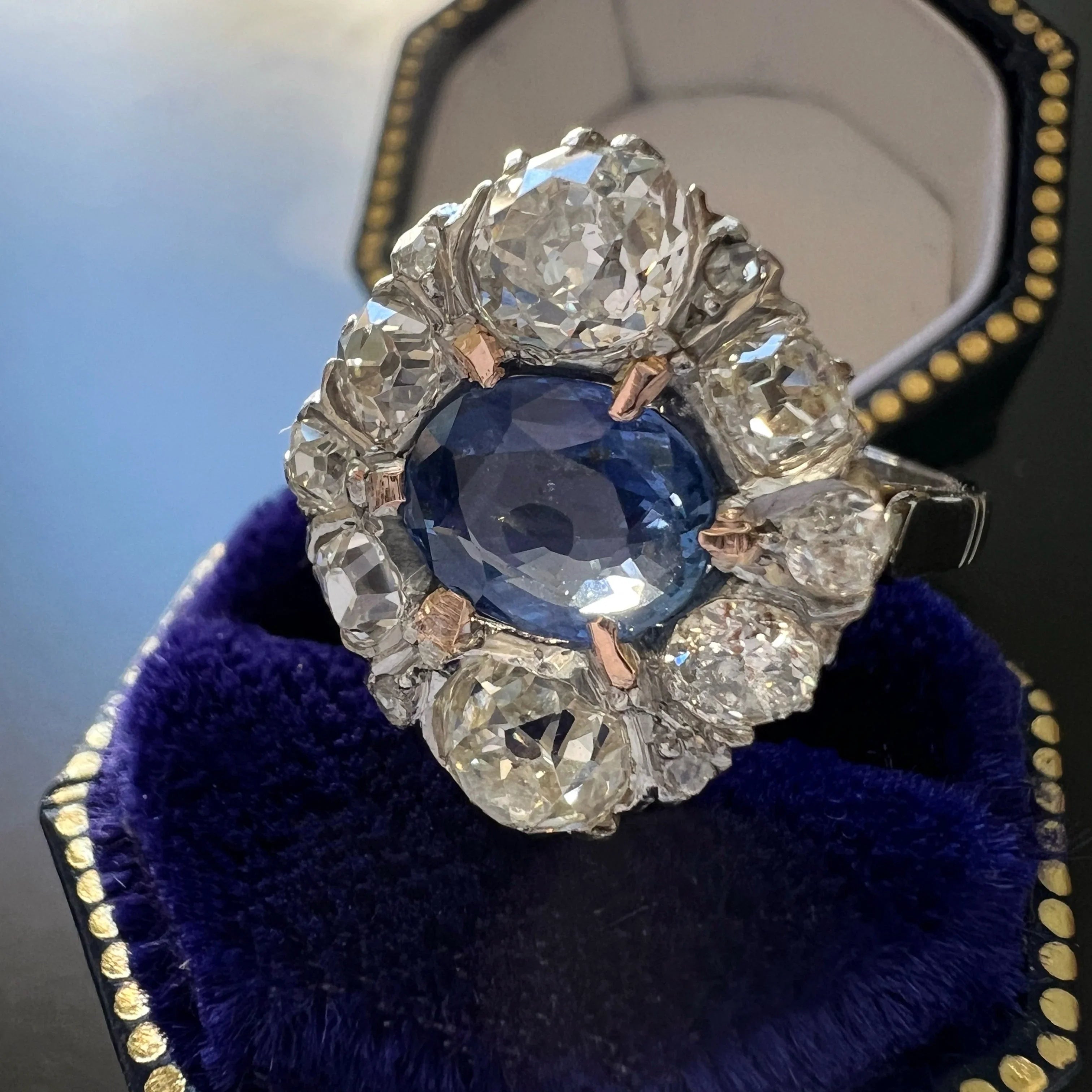 Antique LFG Certified Natural unheated Sapphire Diamond 18K White Gold Ring