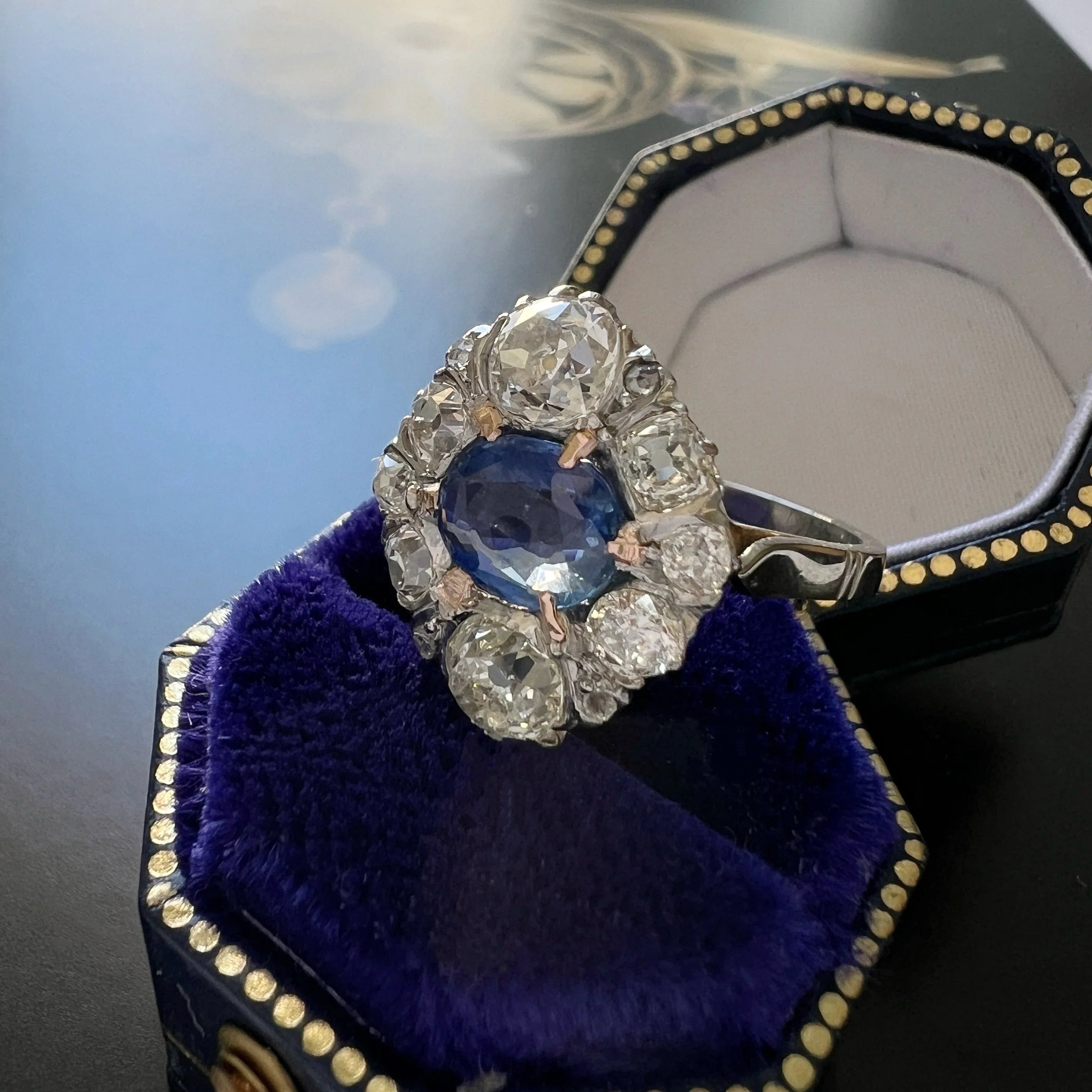 Antique LFG Certified Natural unheated Sapphire Diamond 18K White Gold Ring