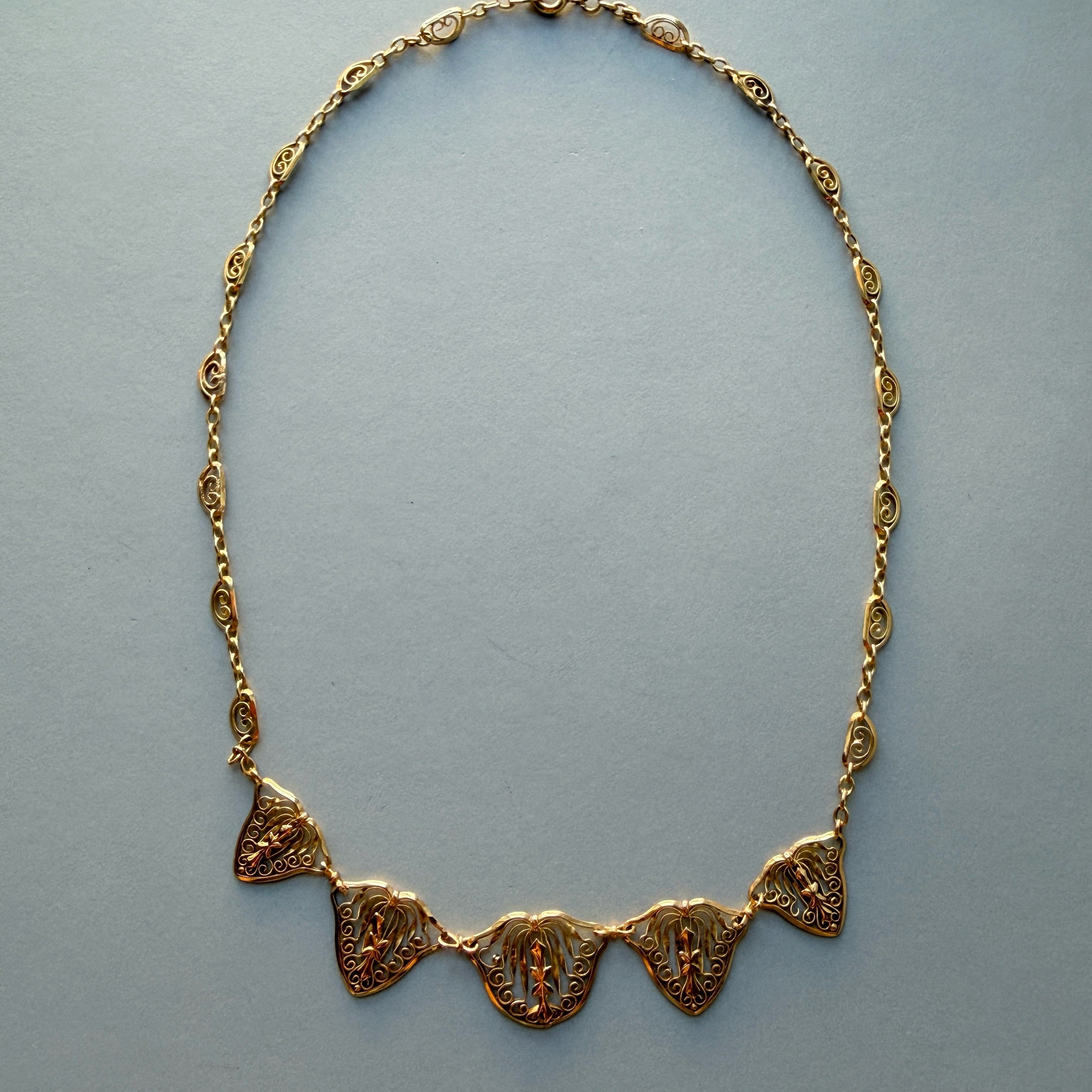 French Antique 18K Gold Draperie drop link Necklace