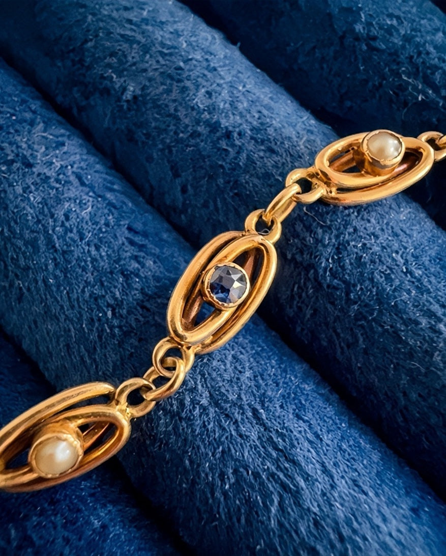 Antique 18k yellow gold blue sapphire pearl link bracelet