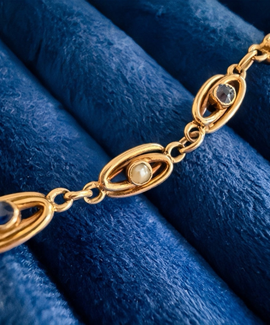 Antique 18k yellow gold blue sapphire pearl link bracelet