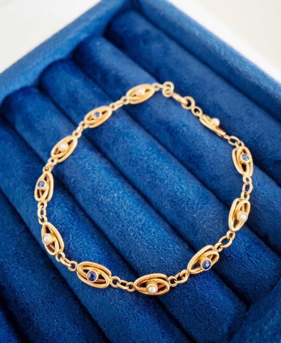Antique 18k yellow gold blue sapphire pearl link bracelet