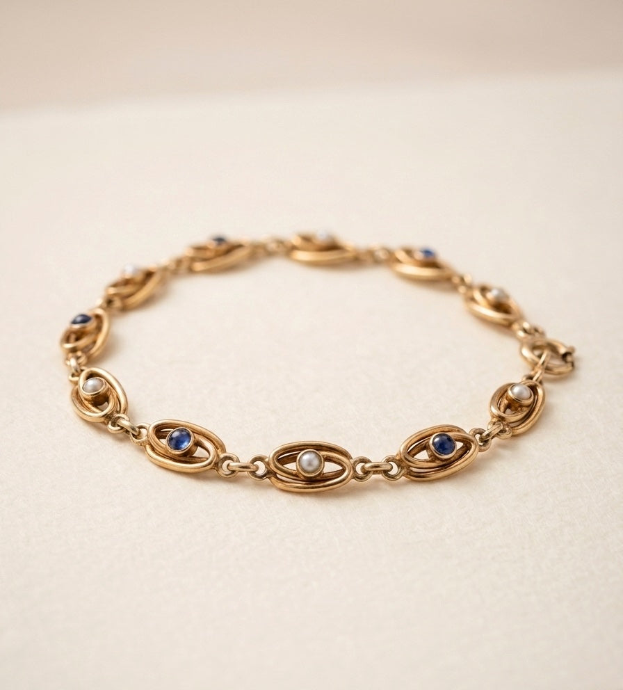 Antique 18k yellow gold blue sapphire pearl link bracelet