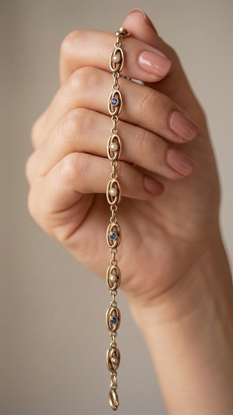 Antique 18k yellow gold blue sapphire pearl link bracelet