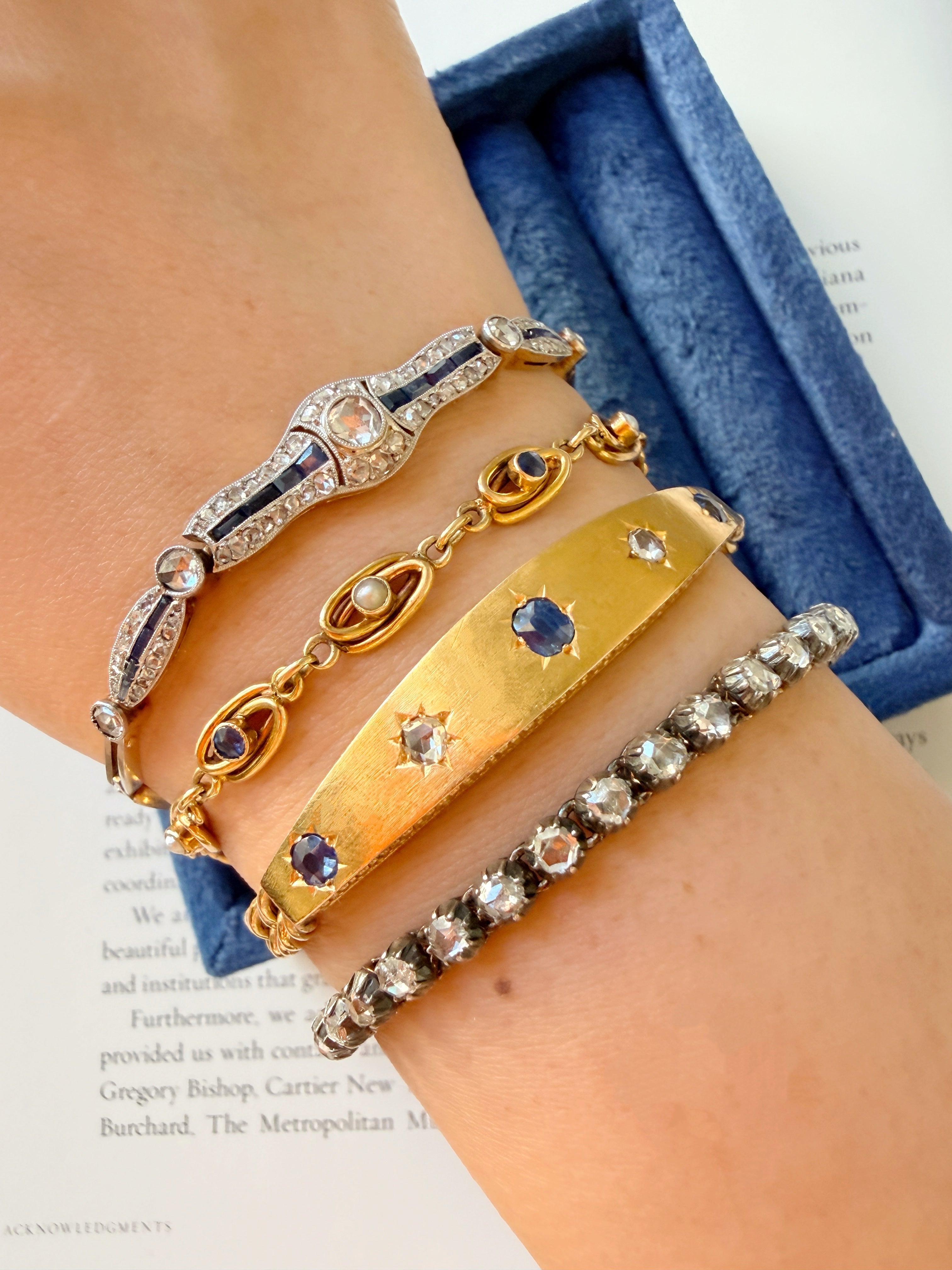 Antique 18k yellow gold blue sapphire pearl link bracelet