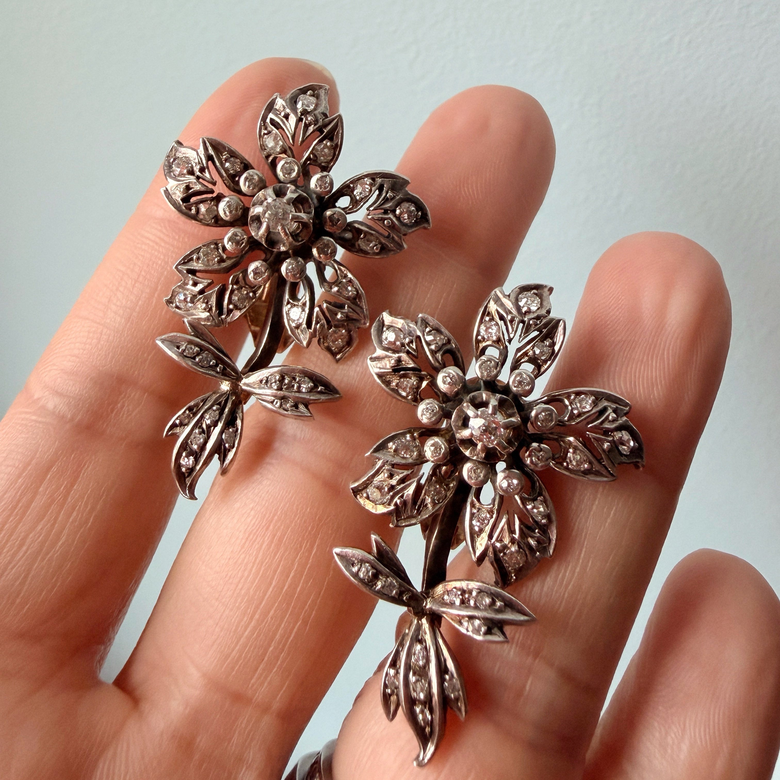Victorian era 18K gold diamond Flower Earrings