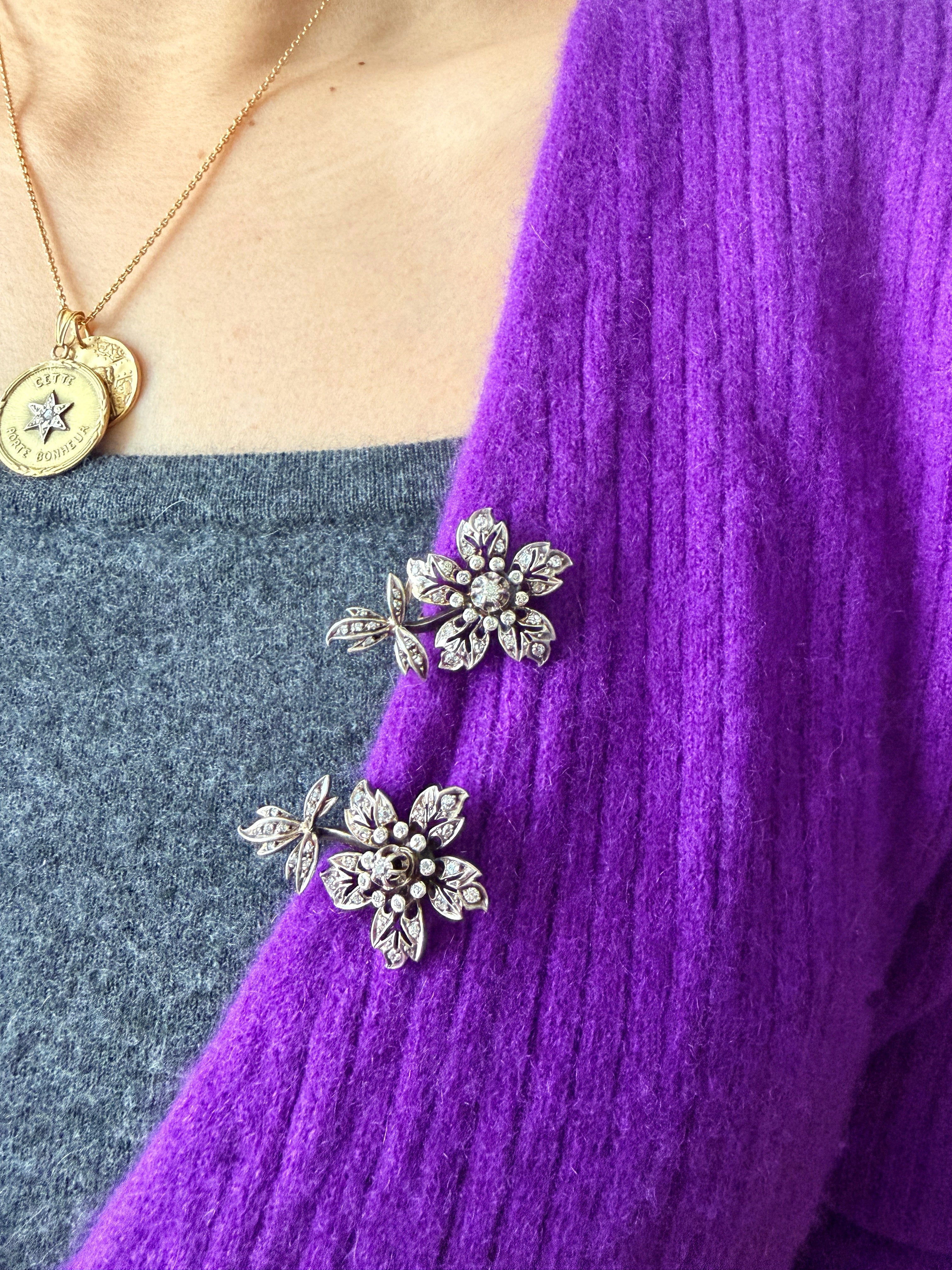 Victorian era 18K gold diamond Flower Earrings