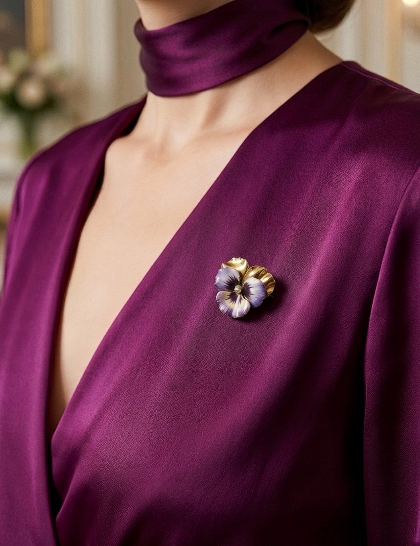 Victorian 18K gold enamel diamond pansy flower brooch