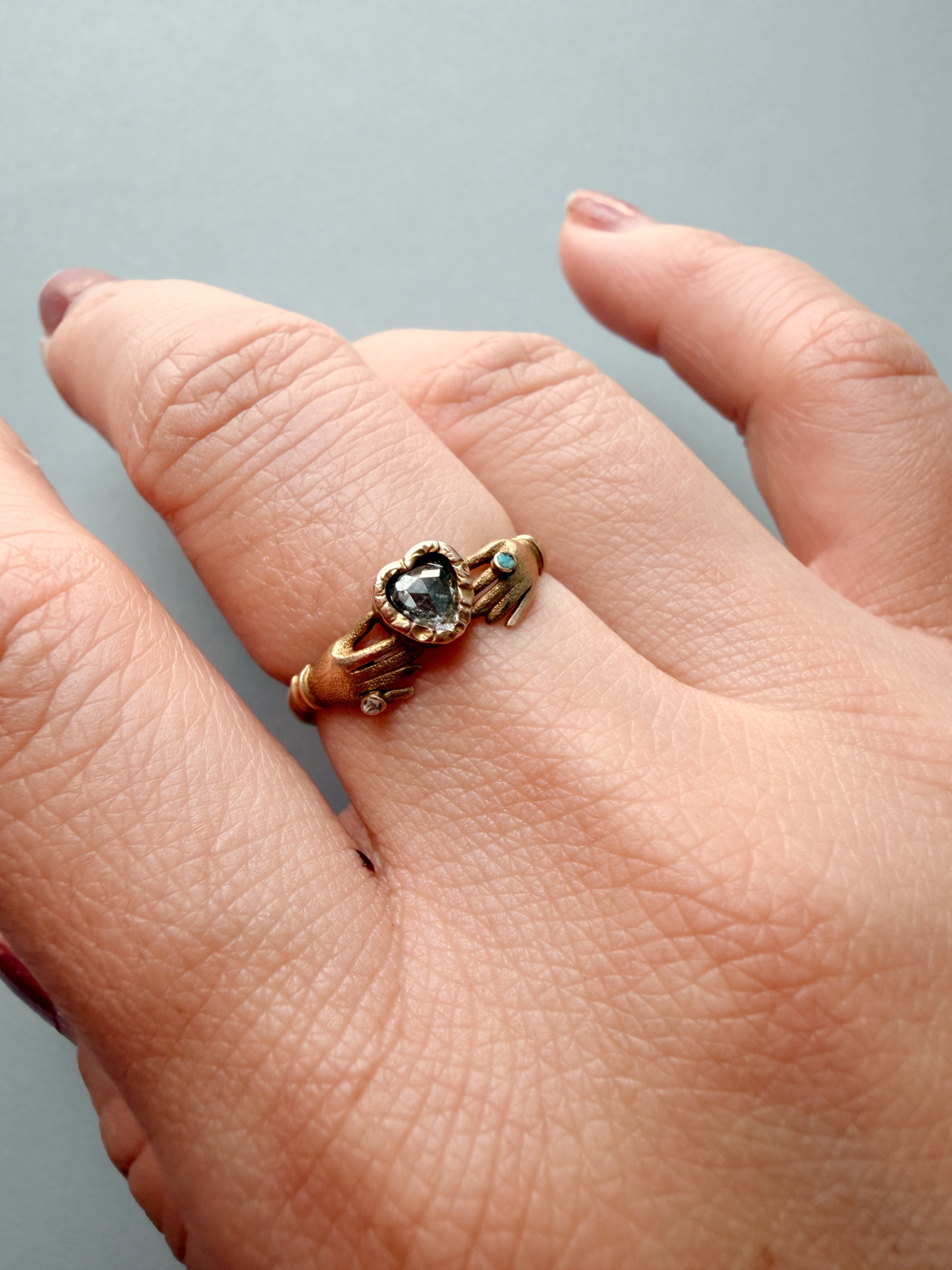 Rare Georgian 14k gold Hands of Loyalty Diamond Heart ring