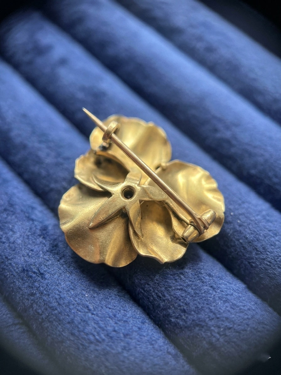 Victorian 18K gold enamel diamond pansy flower brooch