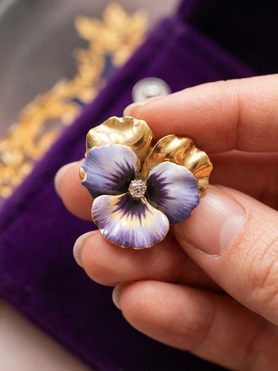 Victorian 18K gold enamel diamond pansy flower brooch