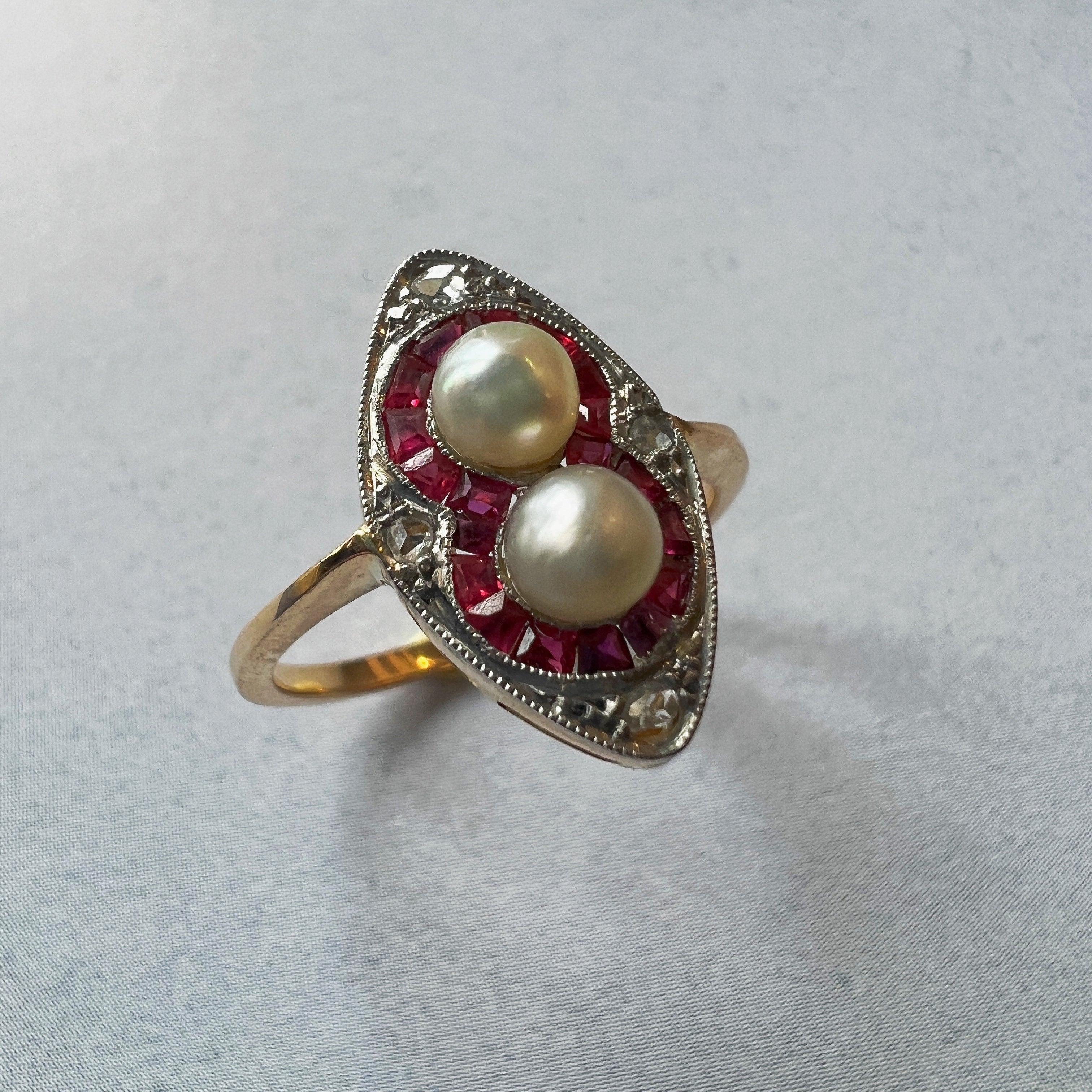 Art Deco era 18K gold pearl ruby diamond ring - Curiously timeless